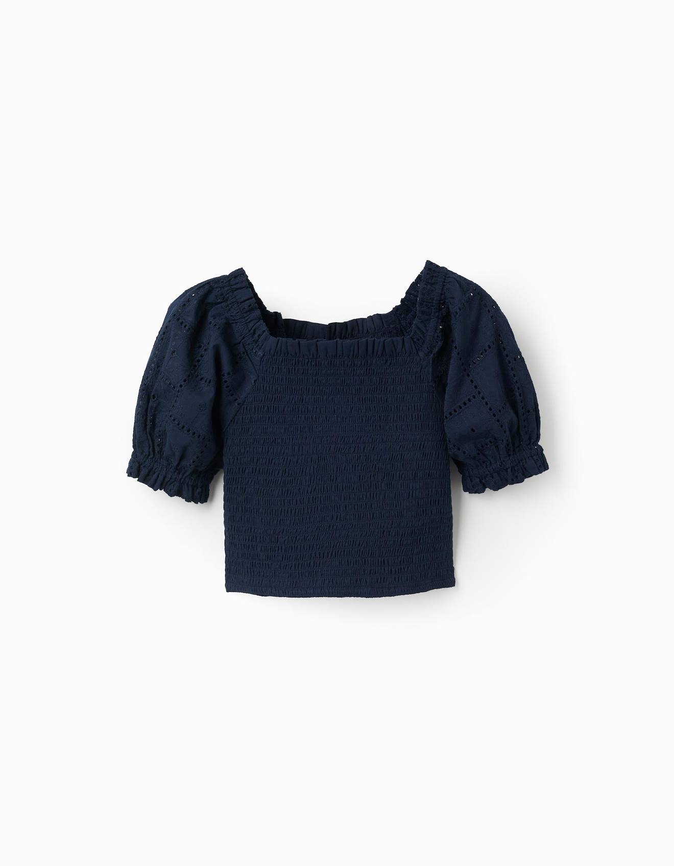Blouse En Coton Avec Élastique Smocké Et Volants Bleu Foncé