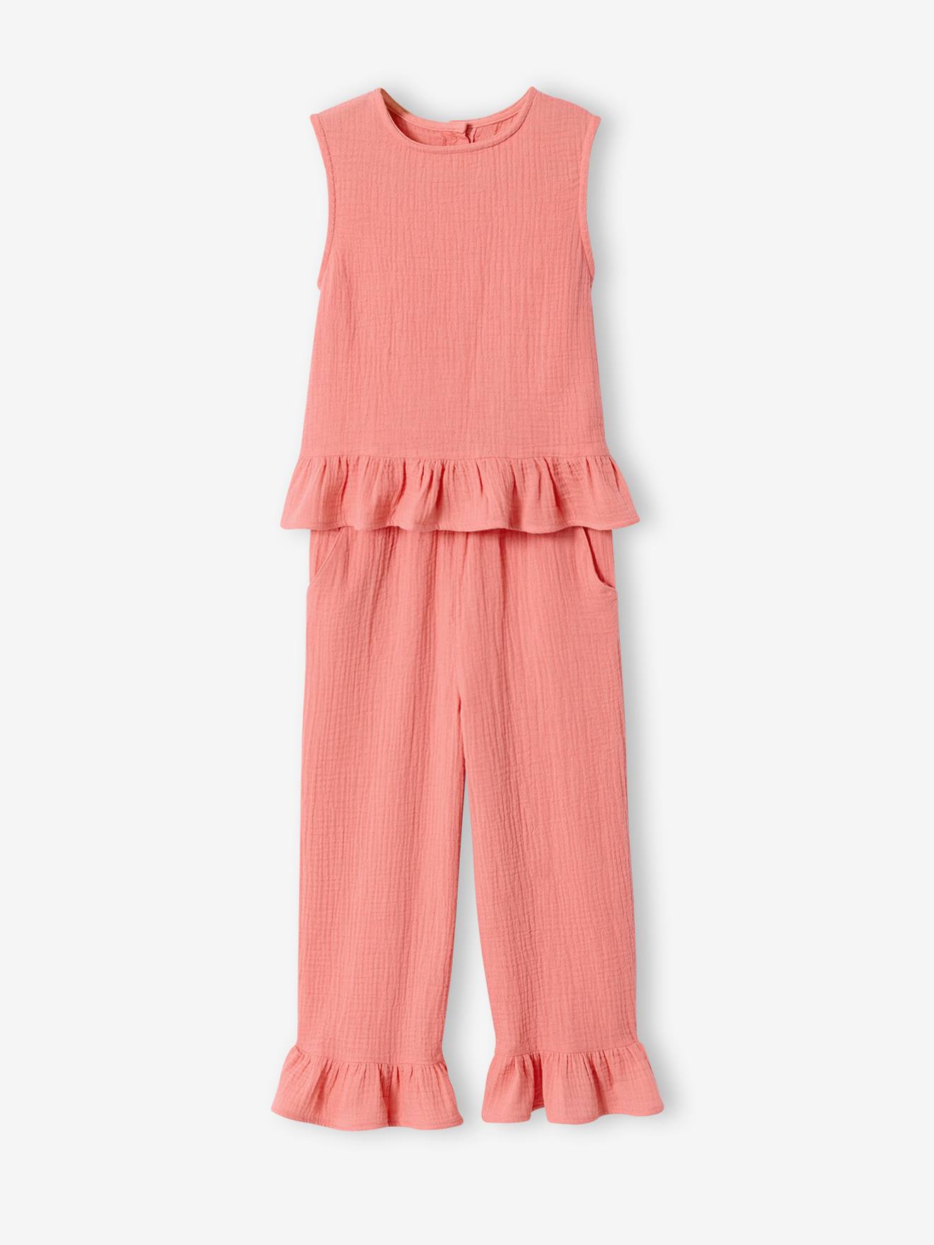 Ensemble blouse pantalon volants corail