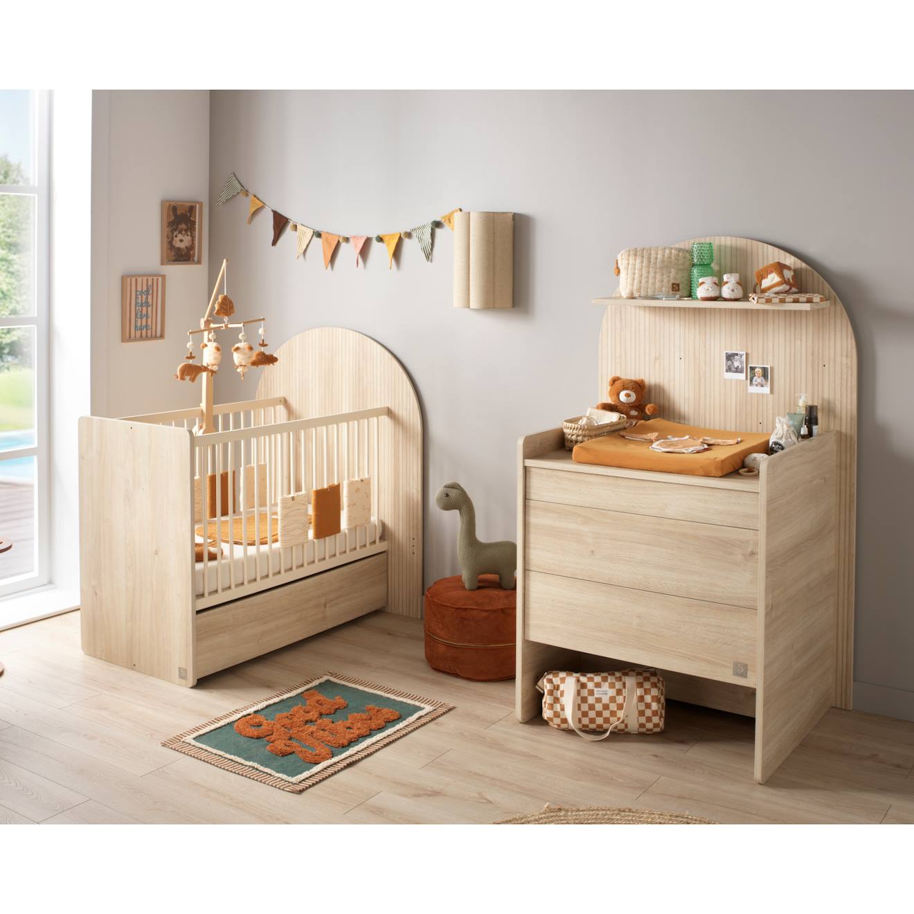 Pack Chambre Bébé Évolutif – Lit 120x60 Transformable En 90x190 + Commode À Langer Évolutive En Bureau - Arche Marron
