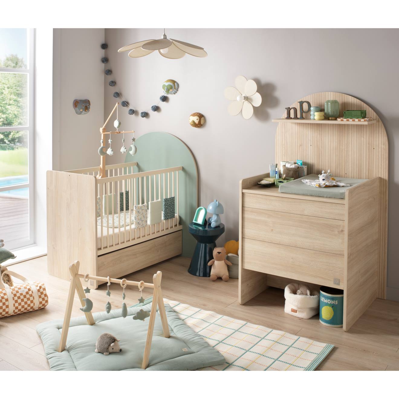 Pack Chambre Bébé Évolutif – Lit 120x60 Transformable En 90x190 + Commode À Langer Évolutive En Bureau - Arche Vert/marron