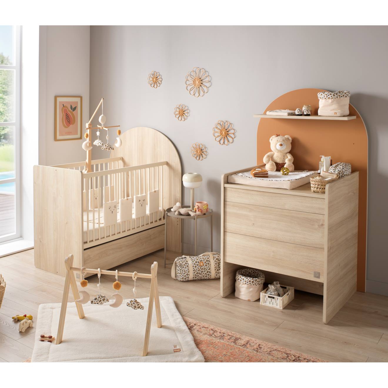 Pack Chambre Bébé Évolutif – Lit 120x60 Transformable En 90x190 + Commode À Langer Évolutive En Bureau - Arche Marron/caramel