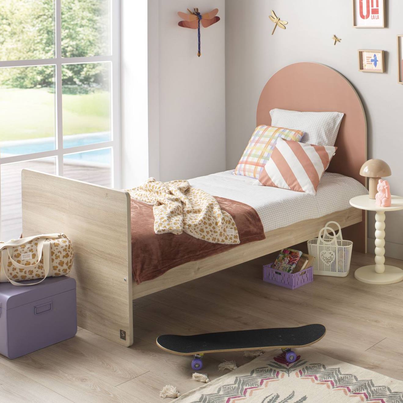 Lit Junior 90x190 Avec Sommier Et Matelas - Décor Bois - Tête De Lit Forme Arche - Arche Rouge/marron