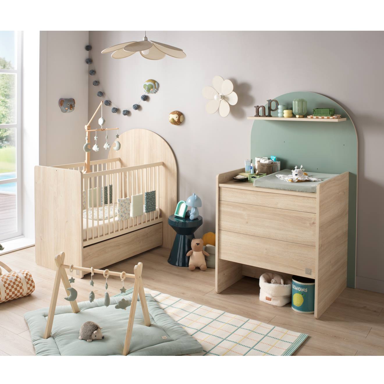 Pack Chambre Bébé Évolutif – Lit 120x60 Transformable En 90x190 + Commode À Langer Évolutive En Bureau - Arche Marron/vert