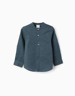 -Chemise à manches longues en lin et coton avec col mao