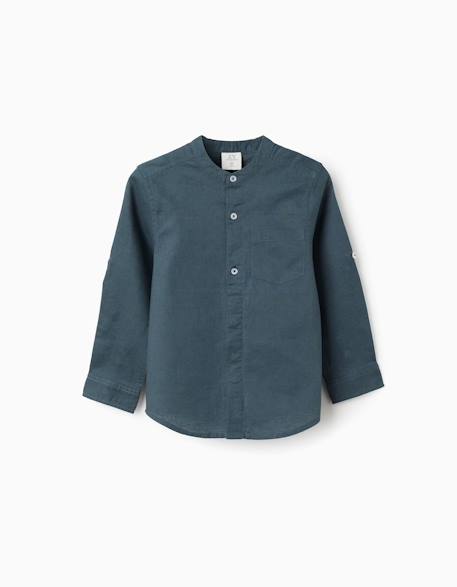 Garçon-Chemise-Chemise à manches longues en lin et coton avec col mao
