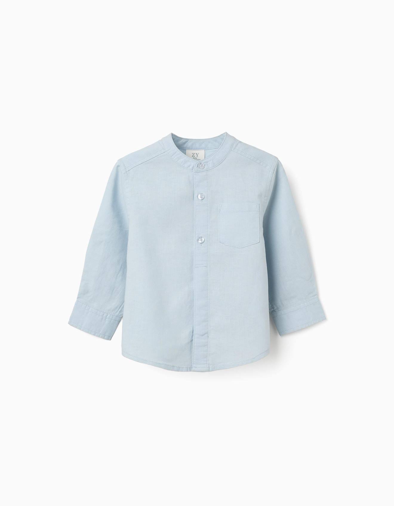 Chemise Manches Longues En Lin Et Coton Avec Col Mao Bleu Clair 17 €