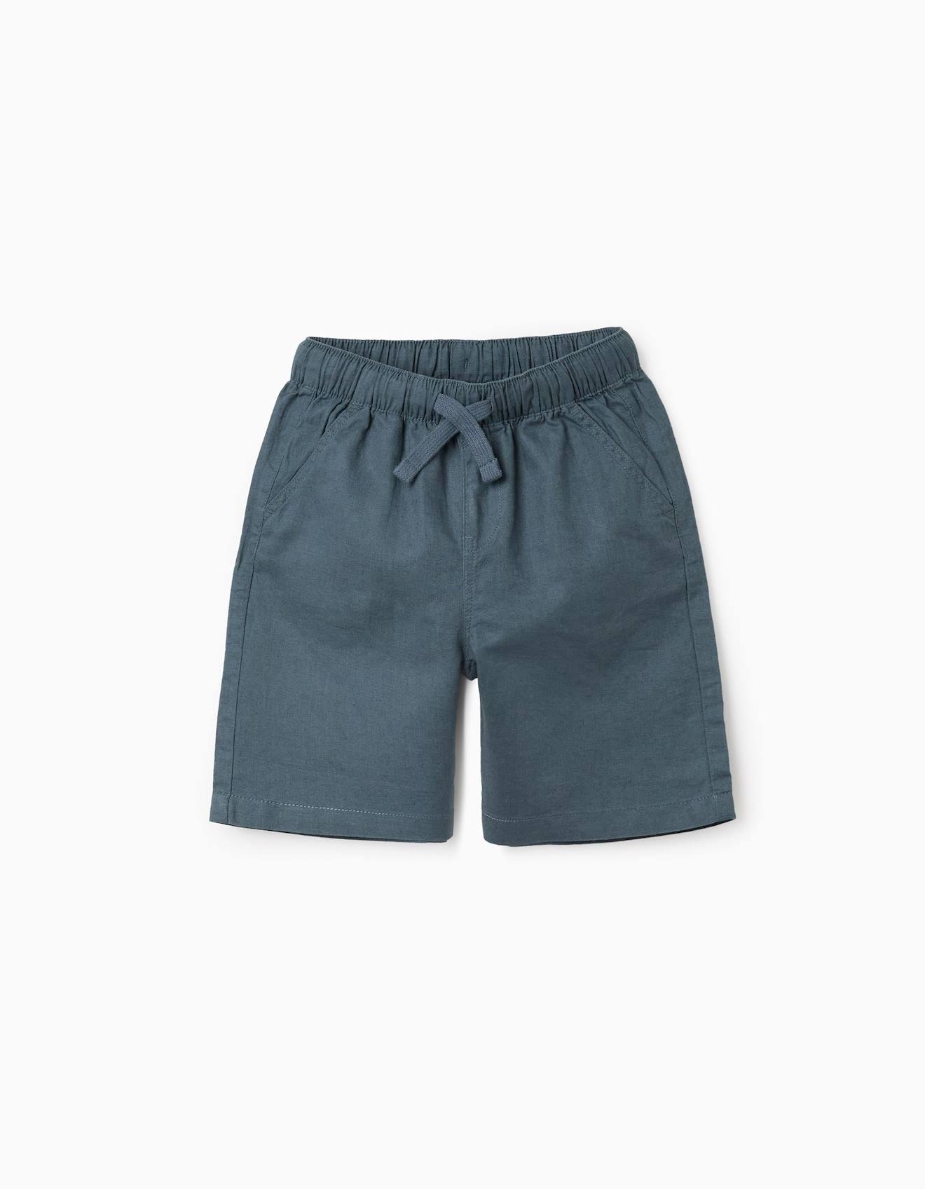 Short Midi En Lin Et Coton Avec Cordon De Serrage Bleu
