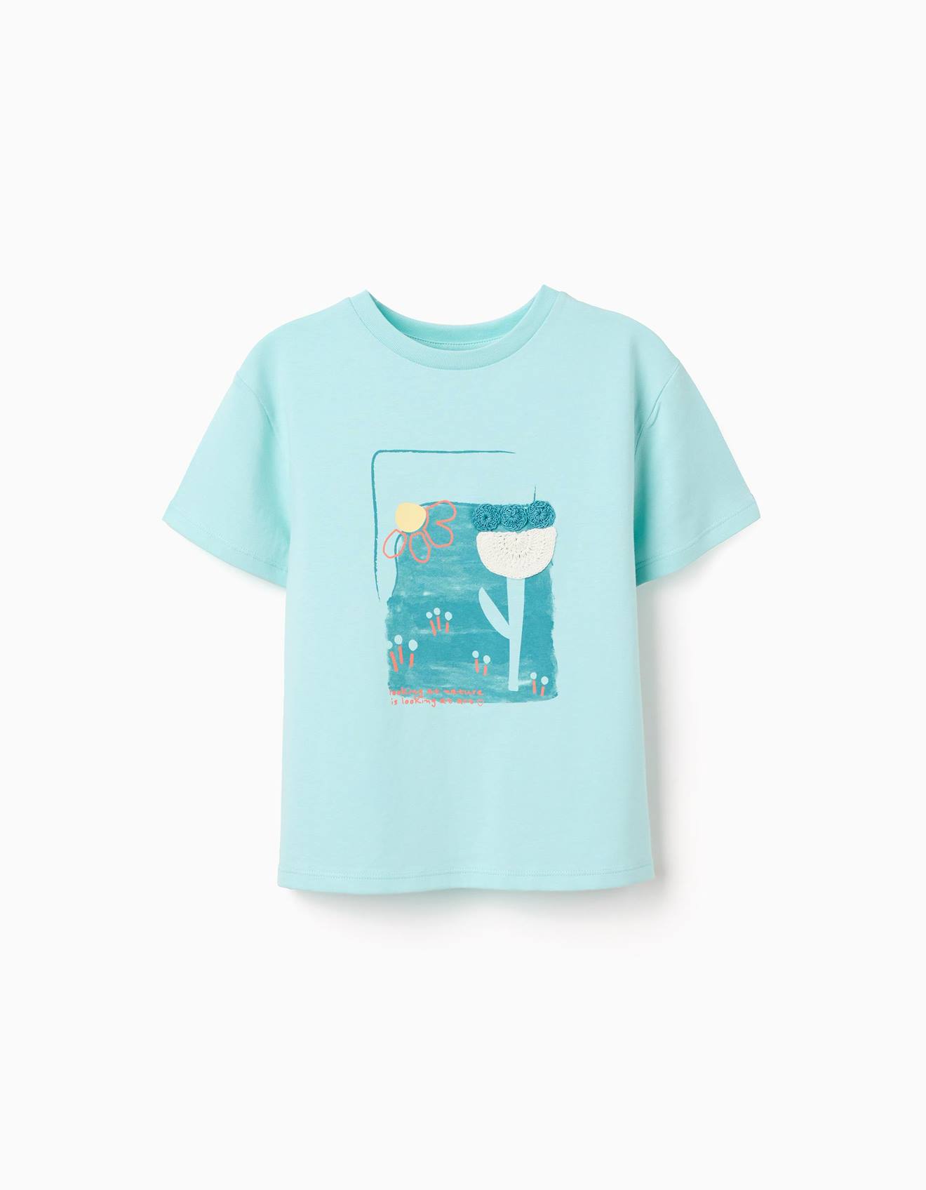 T-shirt En Coton À Imprimé Et Appliqué Au Crochet Bleu Clair