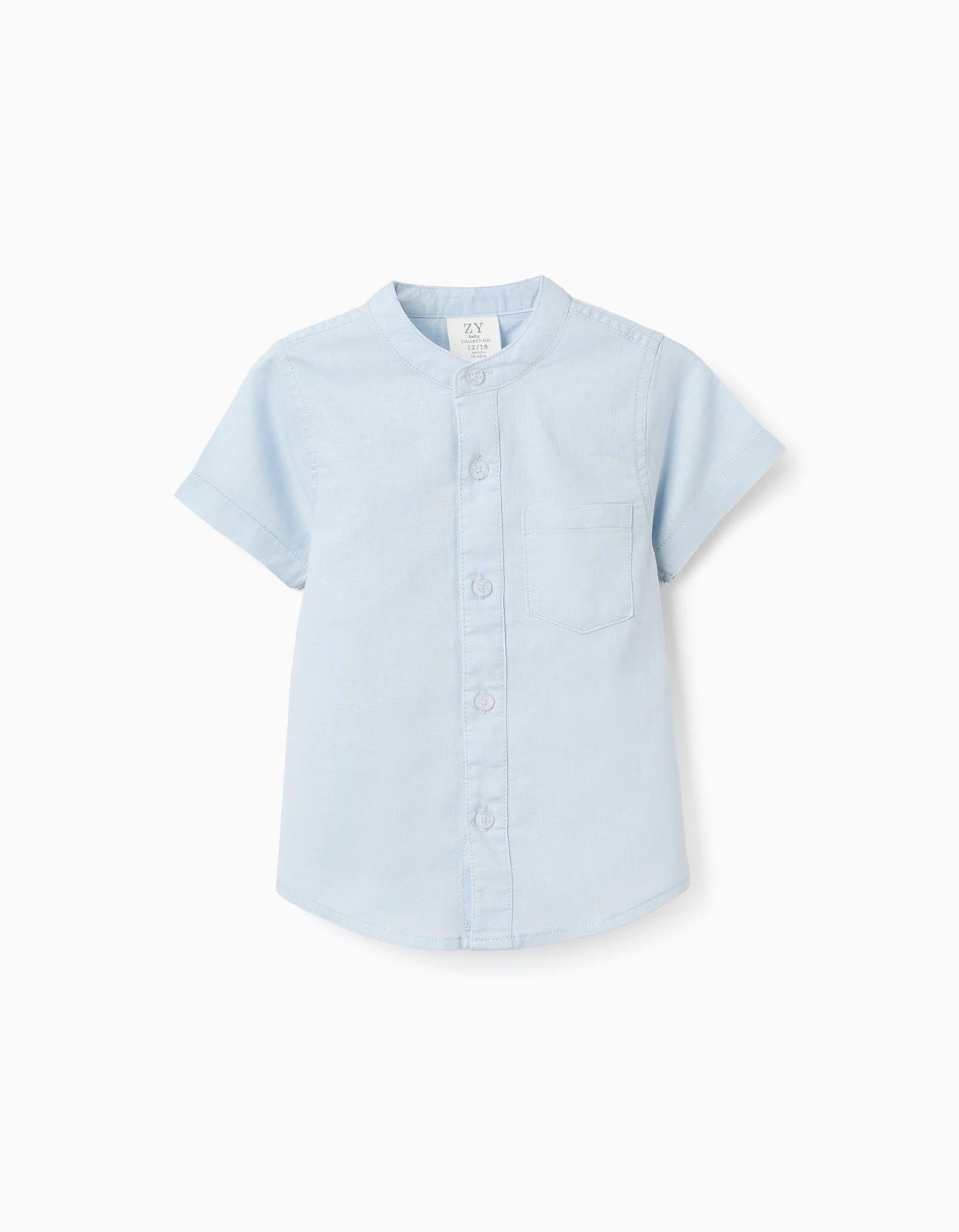 Chemise Manches Courtes En Lin Et Coton Avec Poche Bleu Clair 23 €