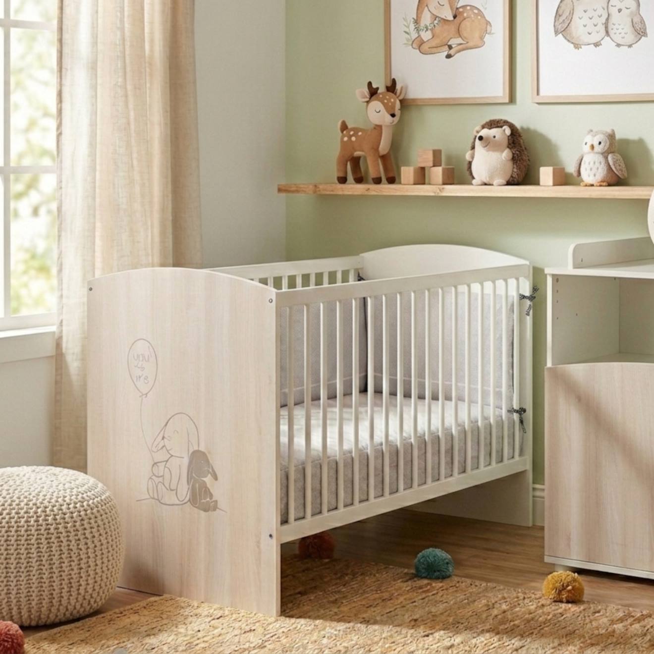 Lit 120x60 À Barreaux Décor Bois - Lapinou Beige