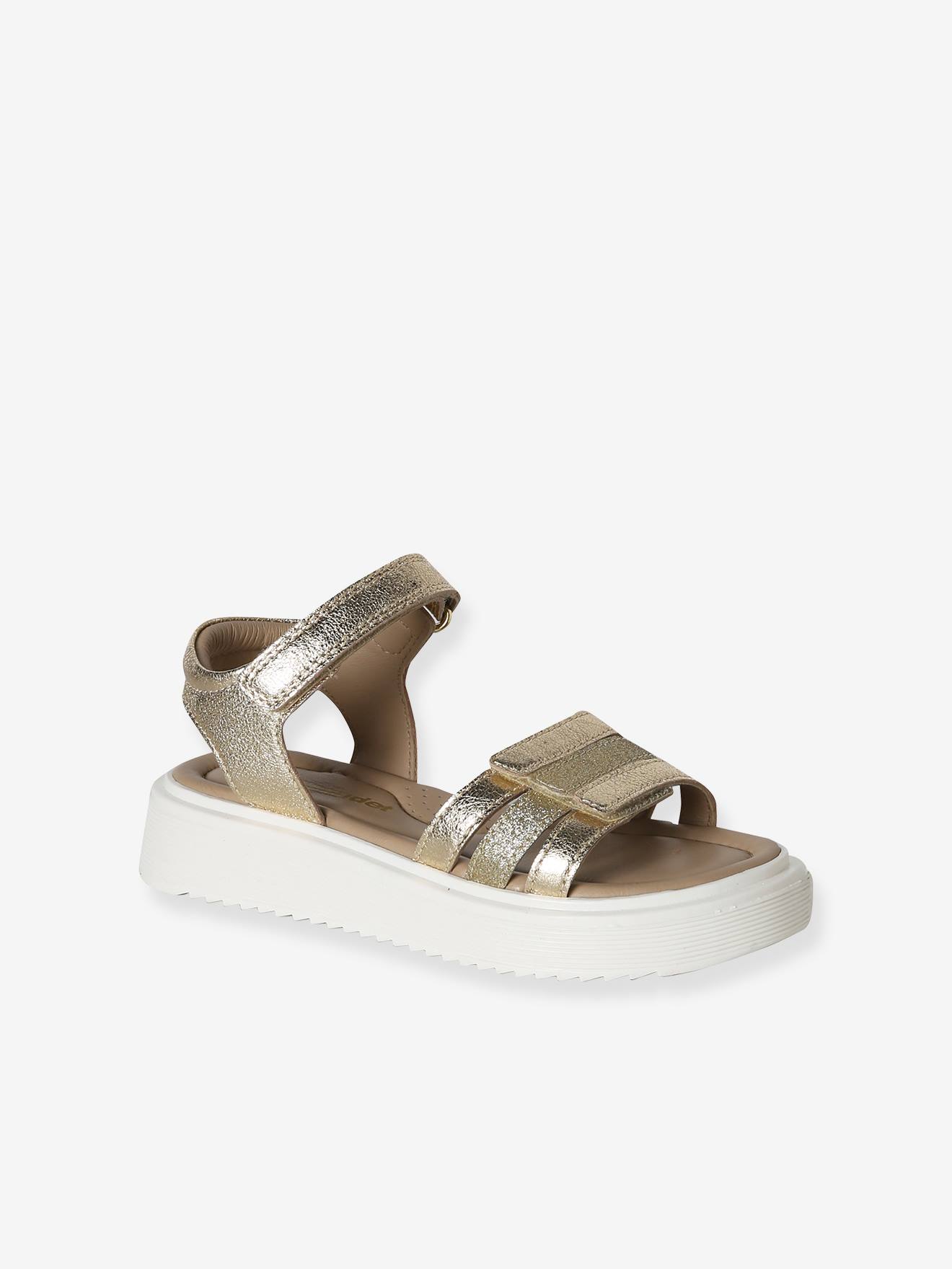 Sandales fille cuir à velcro or