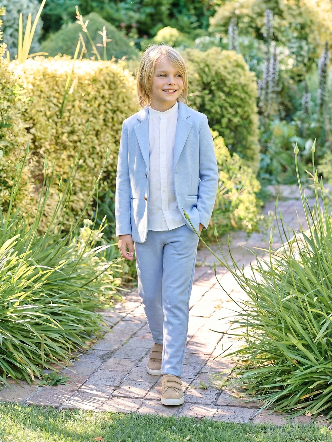 Ensemble céremonie chemise col Mao, veste et pantalon garçon bleu ciel