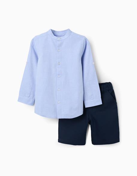 Garçon-Ensemble-Ensemble chemise rayée à manches longues et short en coton