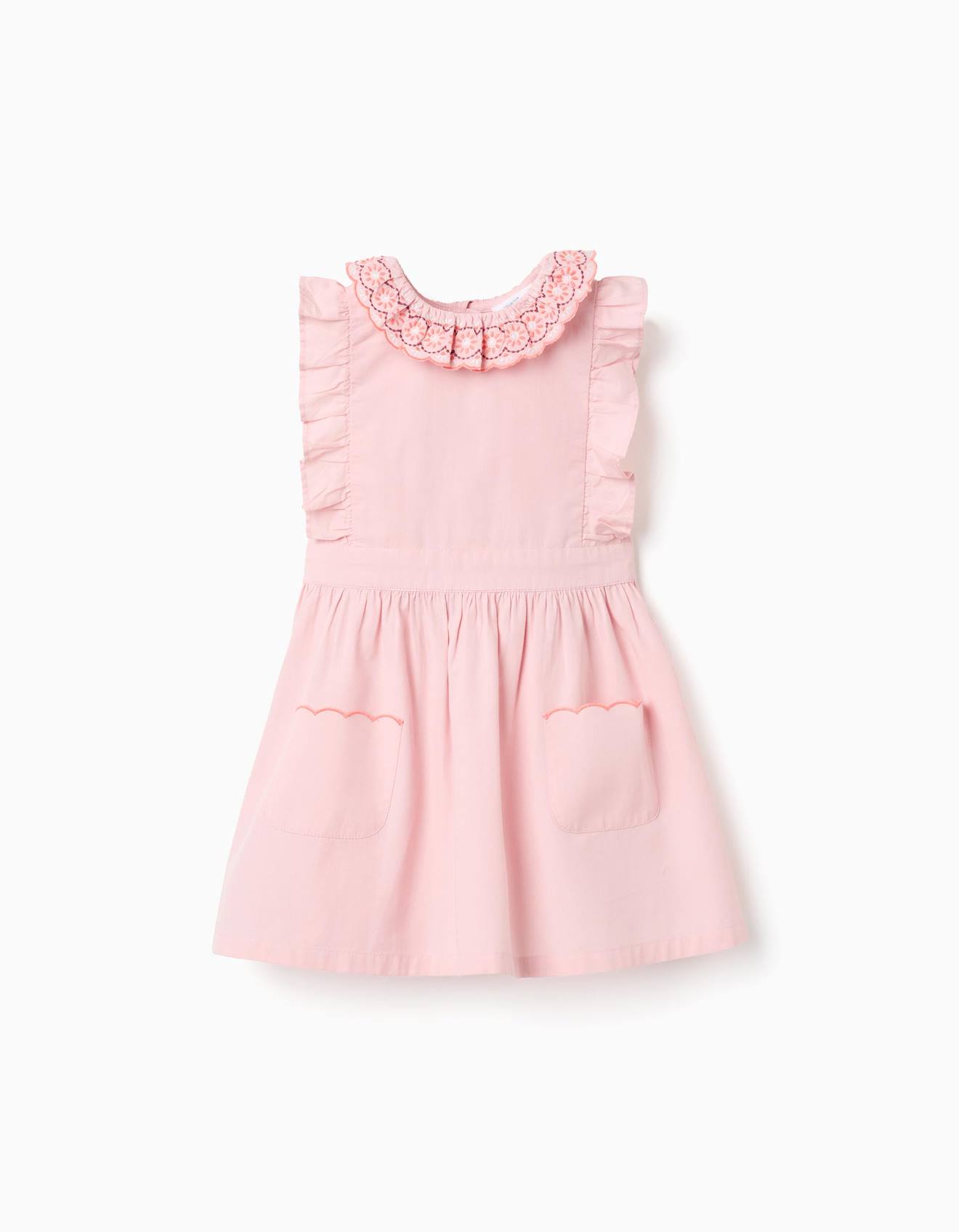 Robe en popeline avec col et manches à volants rose clair