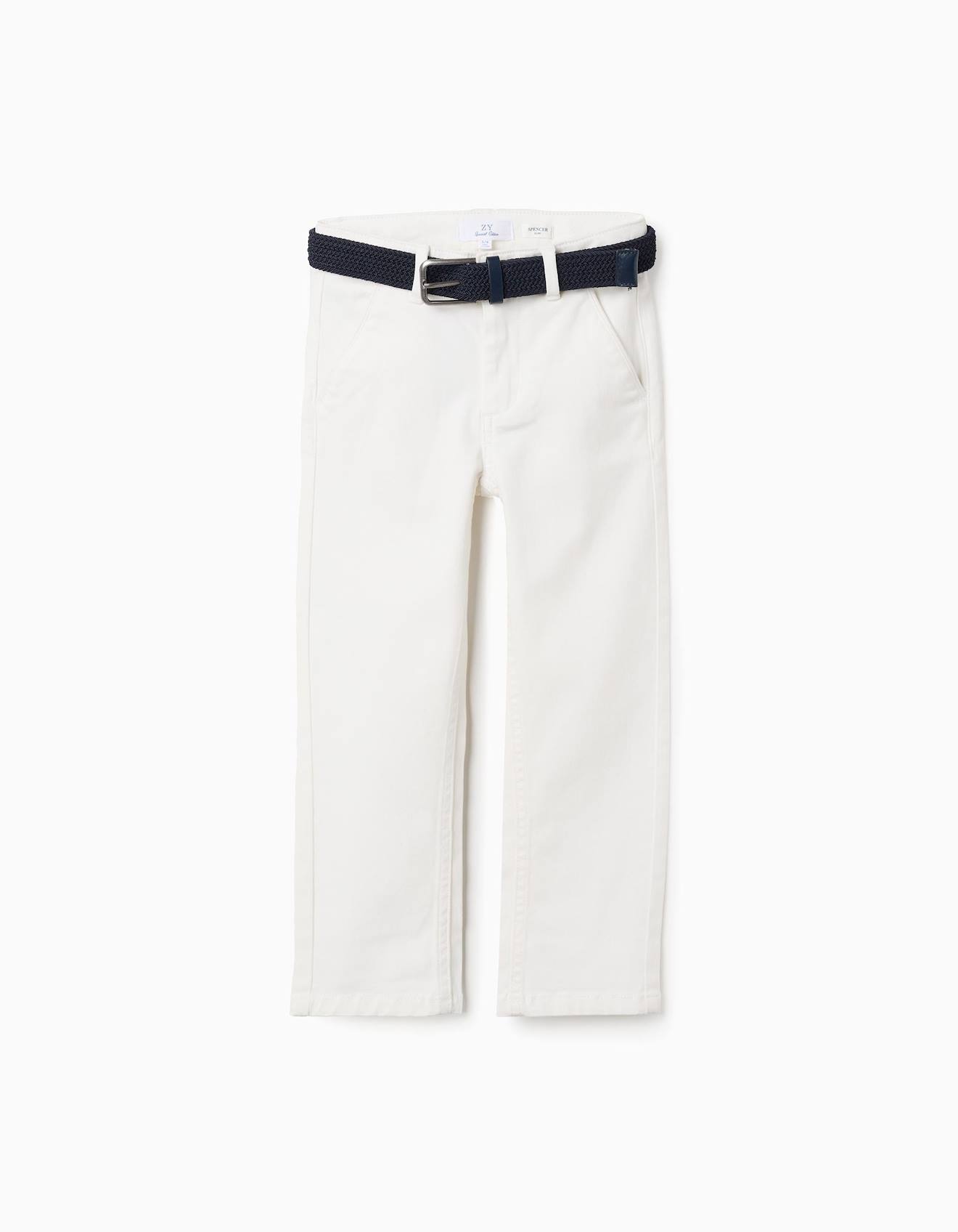 Pantalon Chino Slim En Serg Avec Ceinture Blanc 17 €