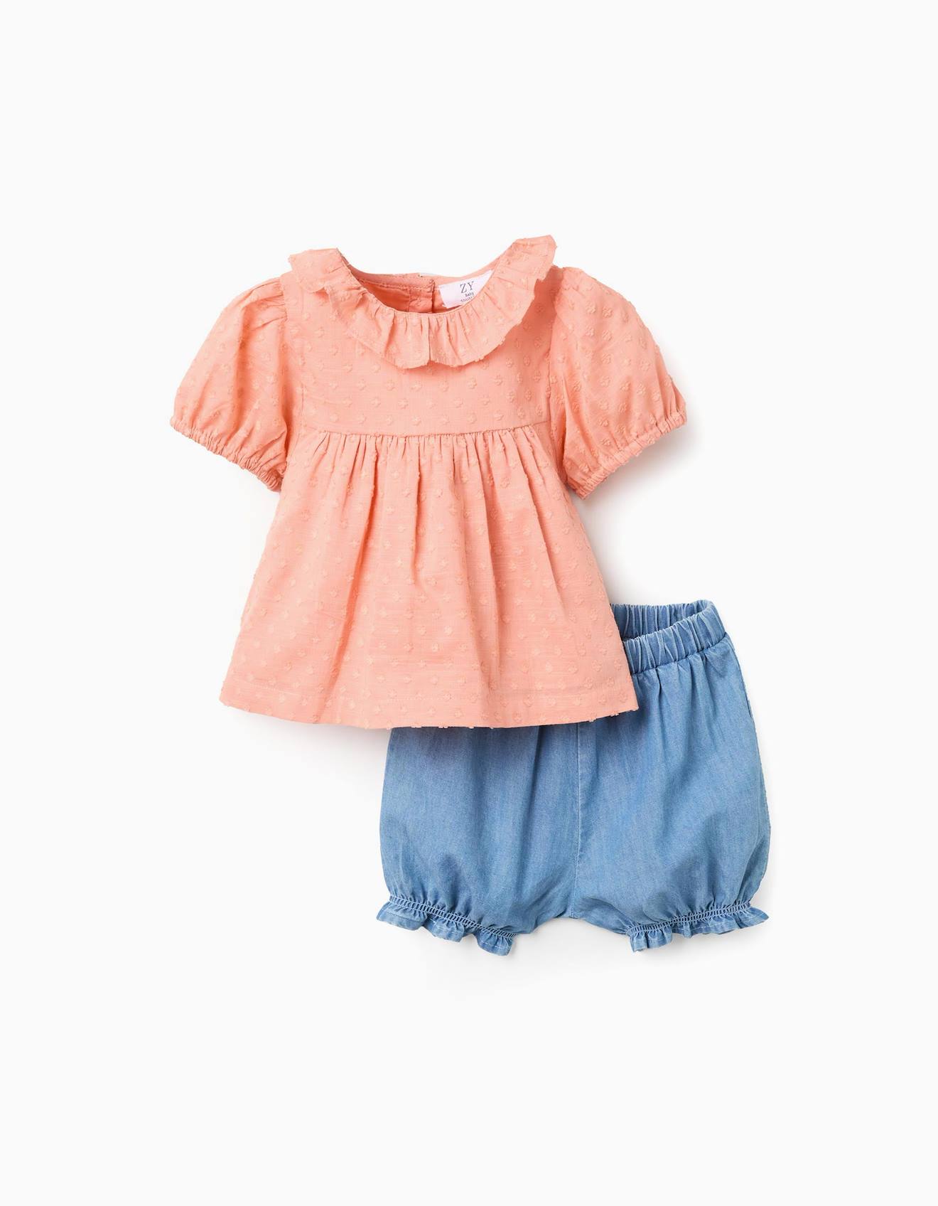 Blouse En Coton + Short En Jean À Volants Orange Clair