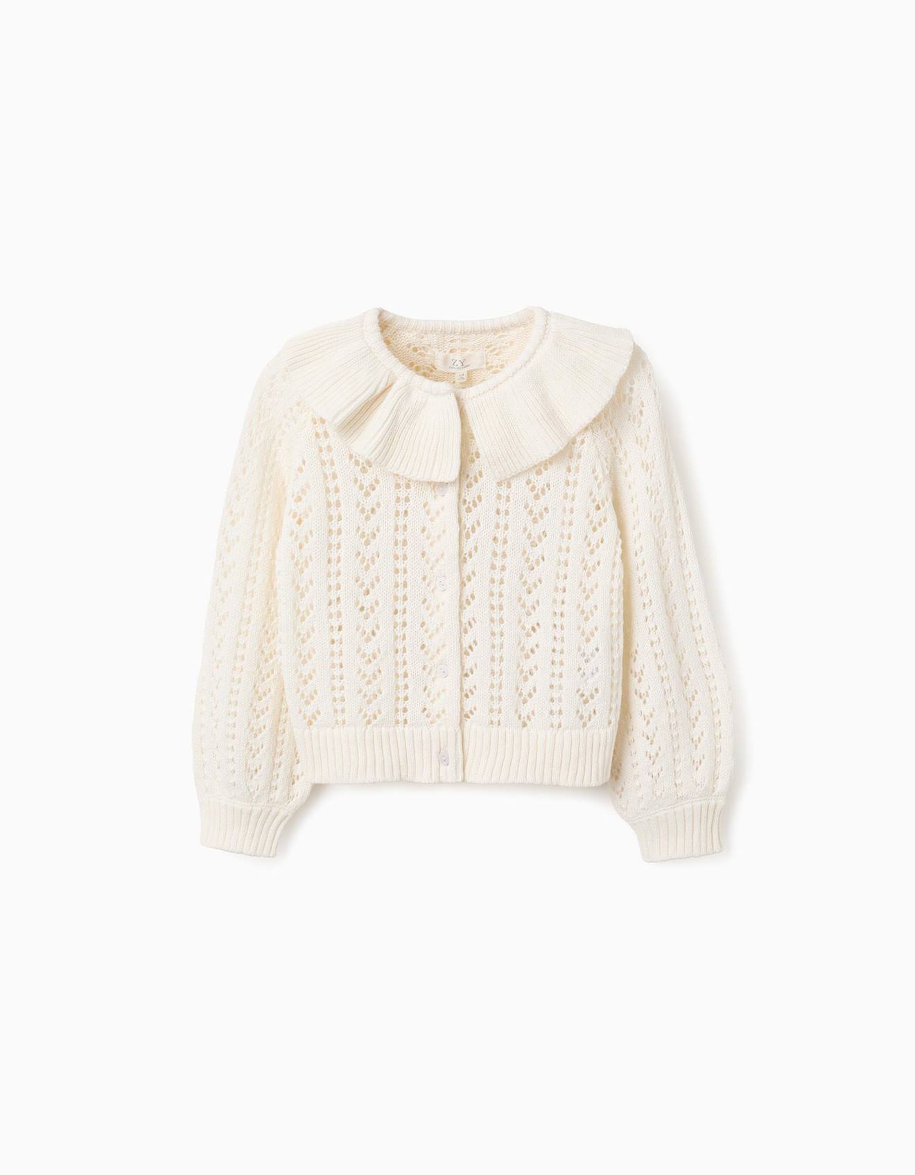 Cardigan En Coton Avec Maille Ajourée Et Volants Beige Clair
