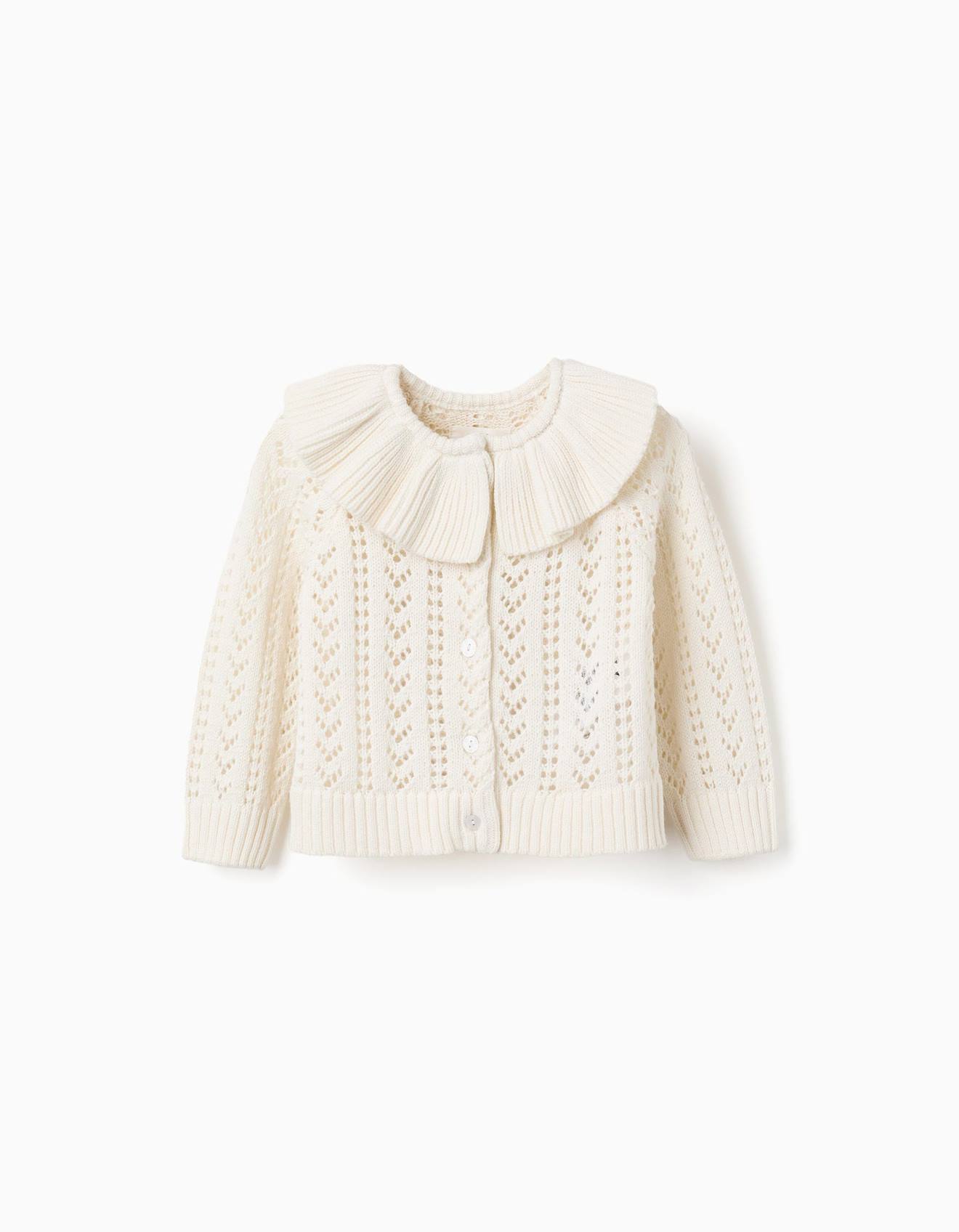 Cardigan En Coton Avec Maille Ajoure Et Volants Beige Clair 17$