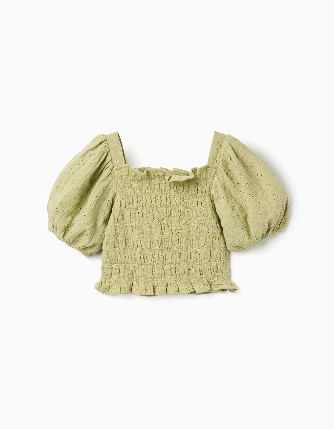 Blouse en coton avec broderie anglaise et manches ballon vert clair