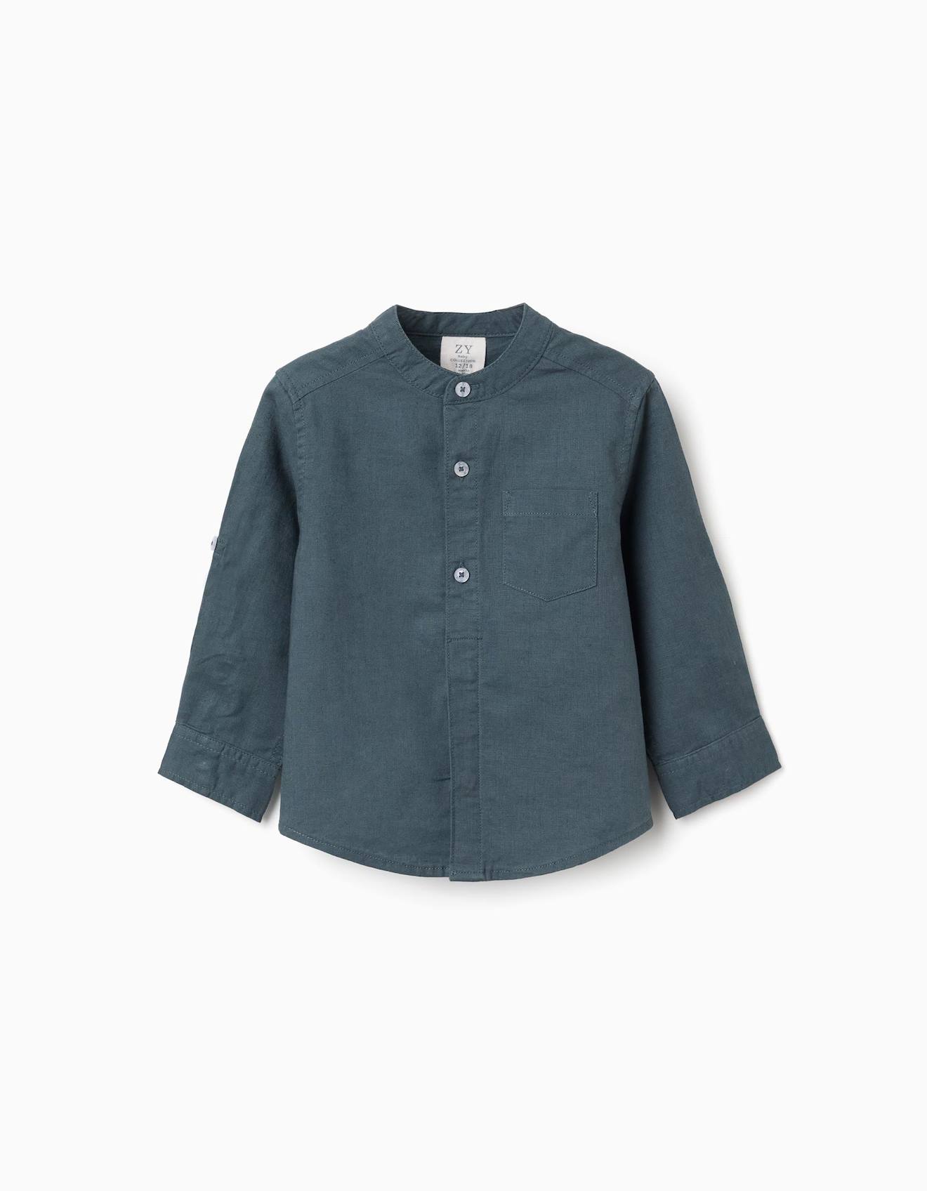 Chemise Manches Longues En Lin Et Coton Avec Col Mao Bleu 17$