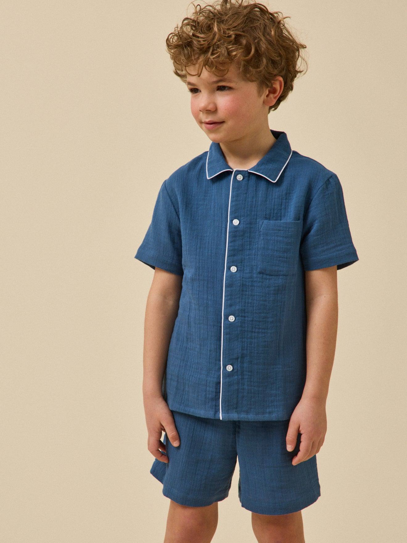 Pyja-short en gaze de coton garçon bleu