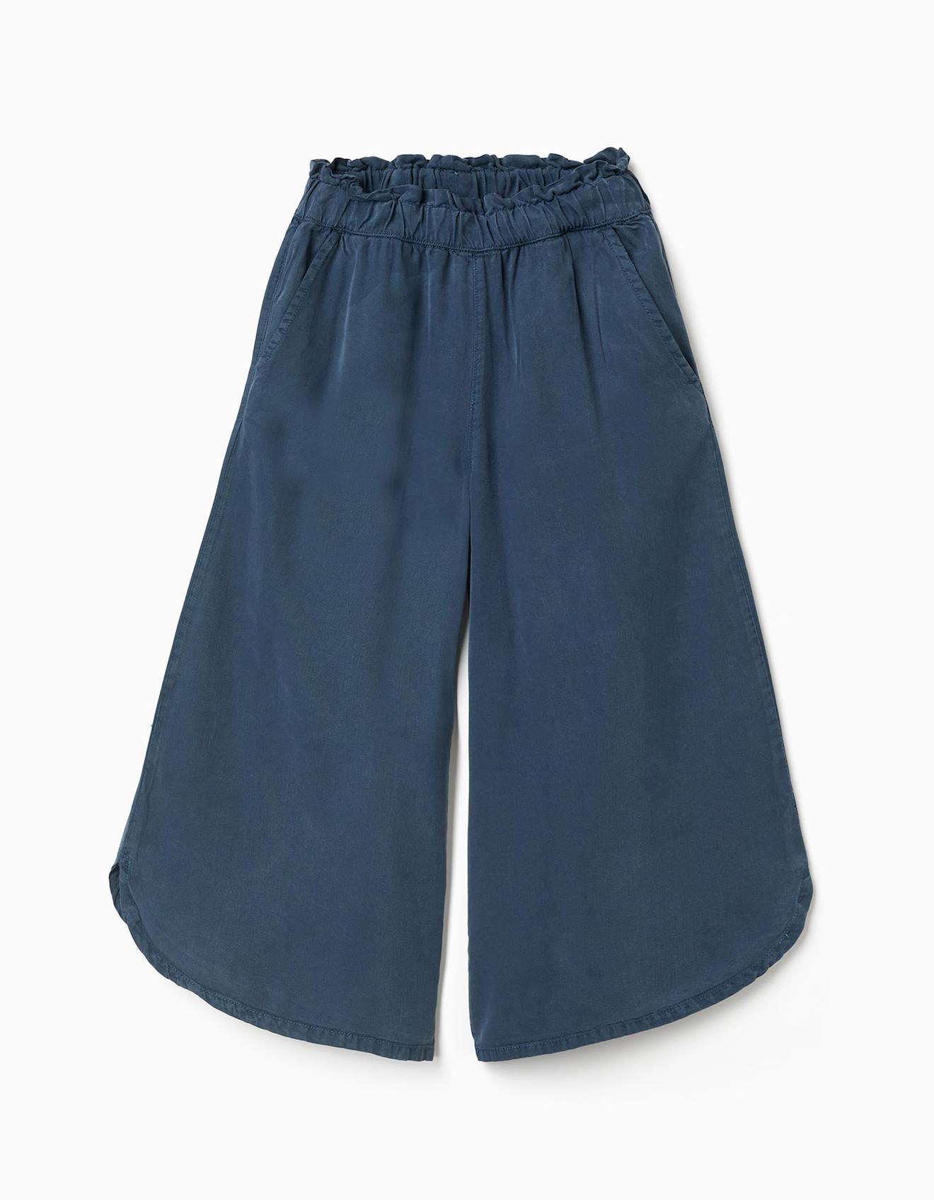 Pantalon en lyocell à jambe large et taille élastique bleu foncé