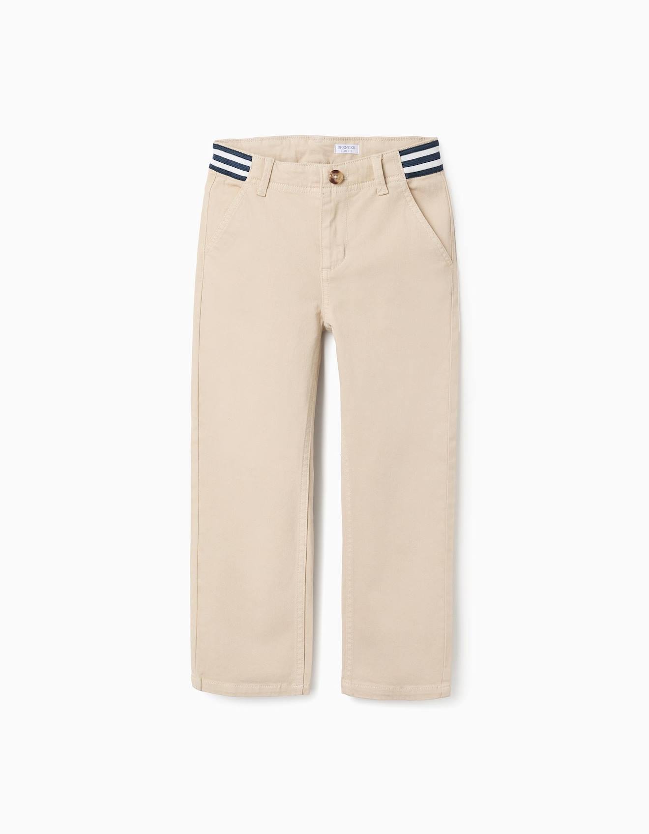Pantalon Chino Slim En Sergé Avec Bande Rayée Beige Clair