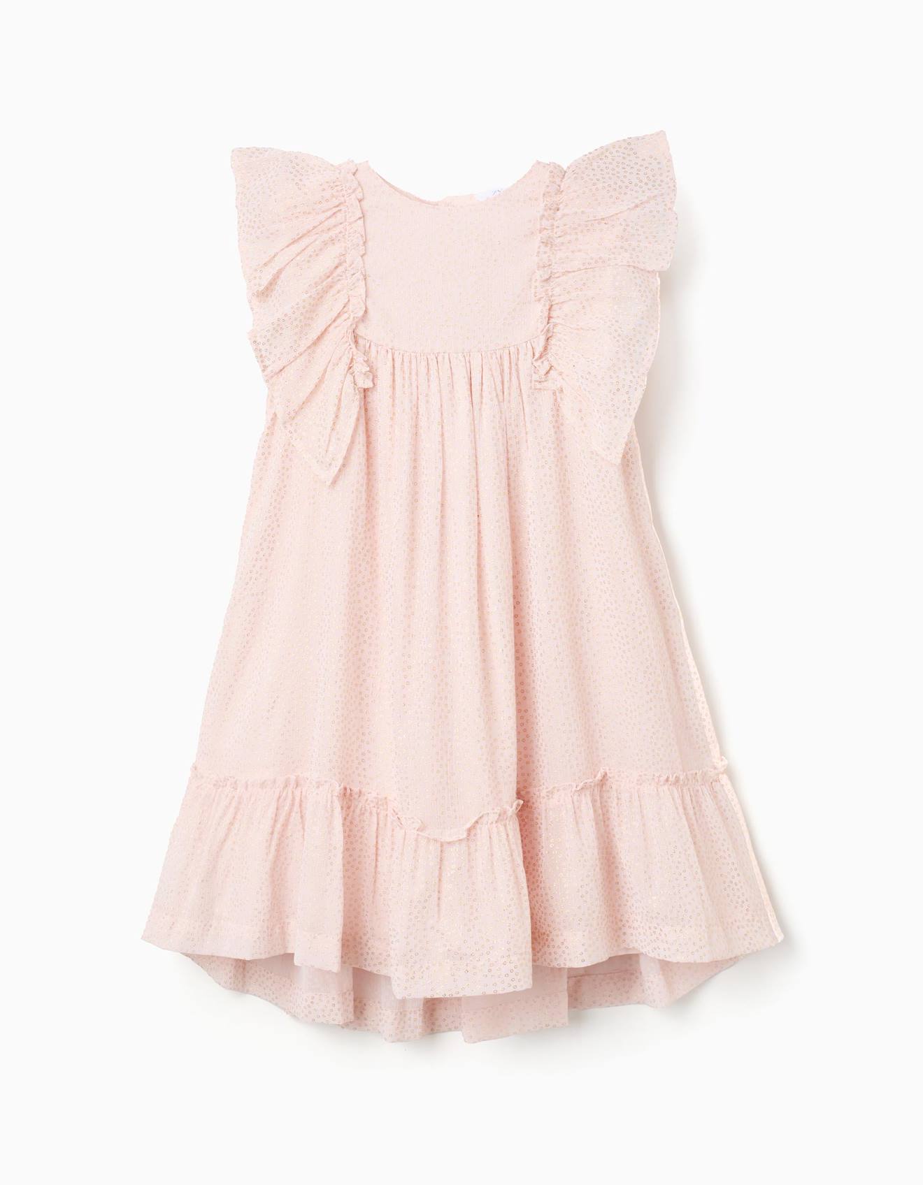 Robe En Crêpe À Volants Et Lurex Rose Clair