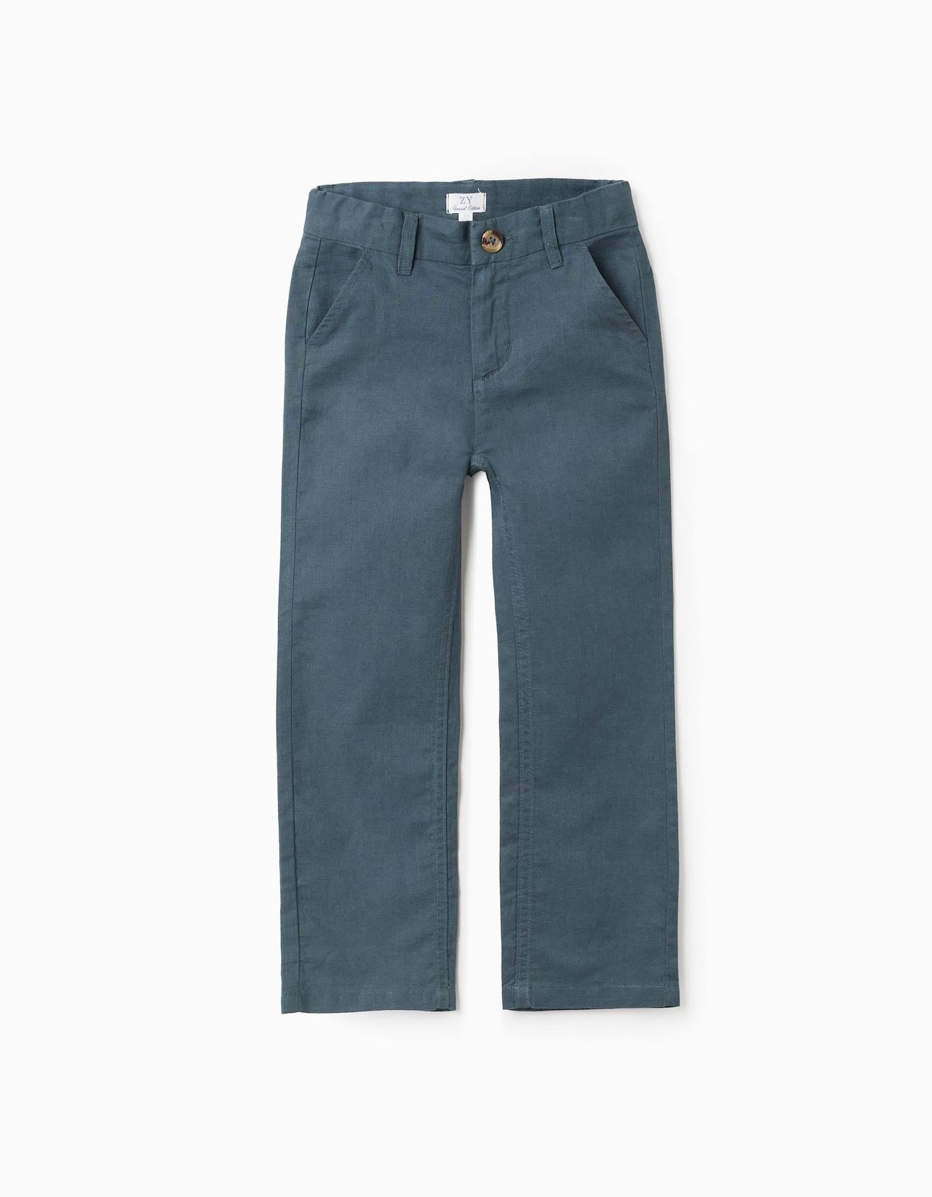 Pantalon Chino À Coupe Droite En Lin Et Coton Bleu Foncé