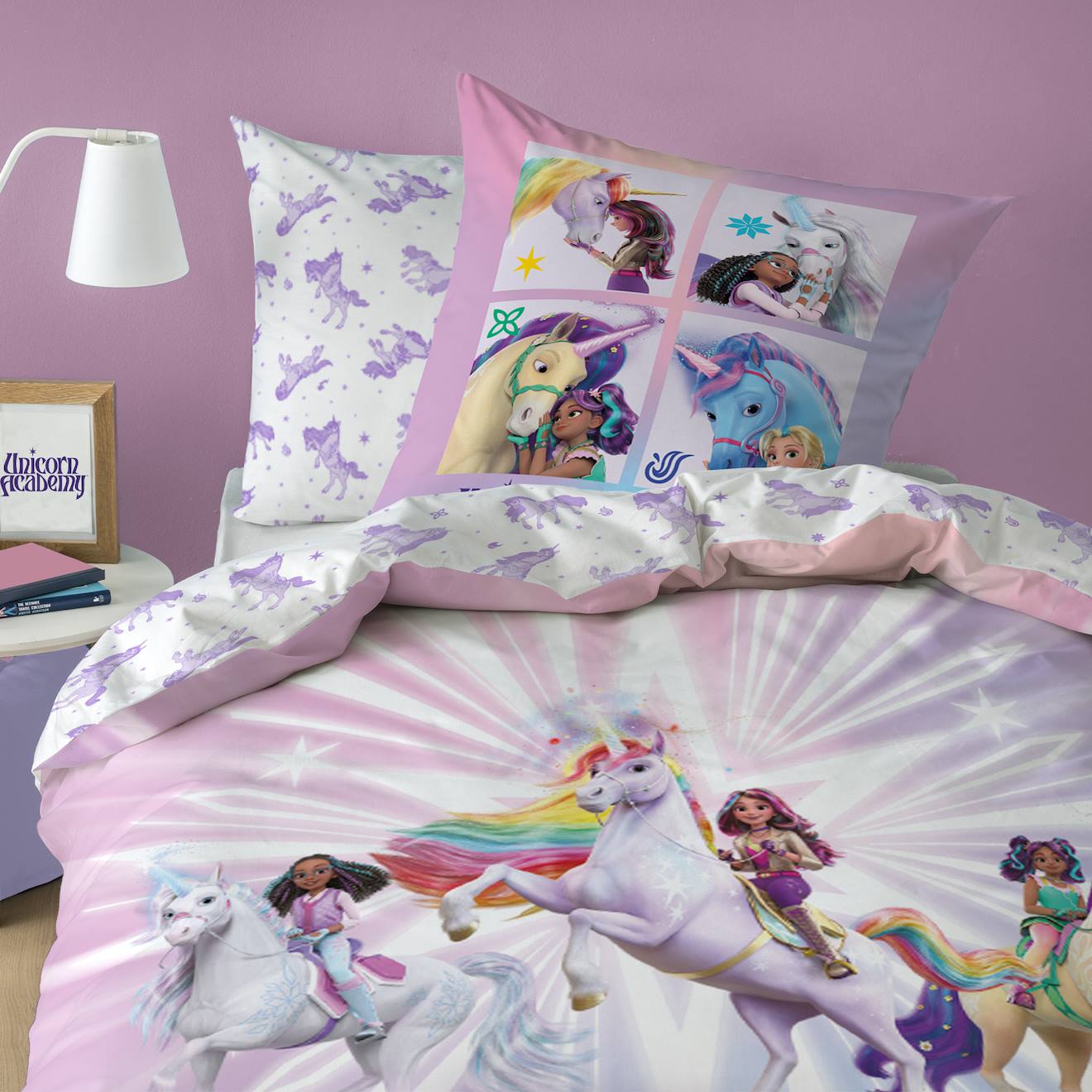 Parure De Lit Imprimée, L'école Des Licornes, Unicorn Academy Stars Violet