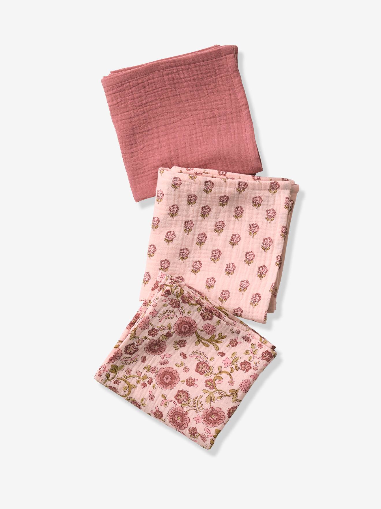 Lot 3 langes bébé gaze coton rose imprimé (Vertbaudet) - Image 1
