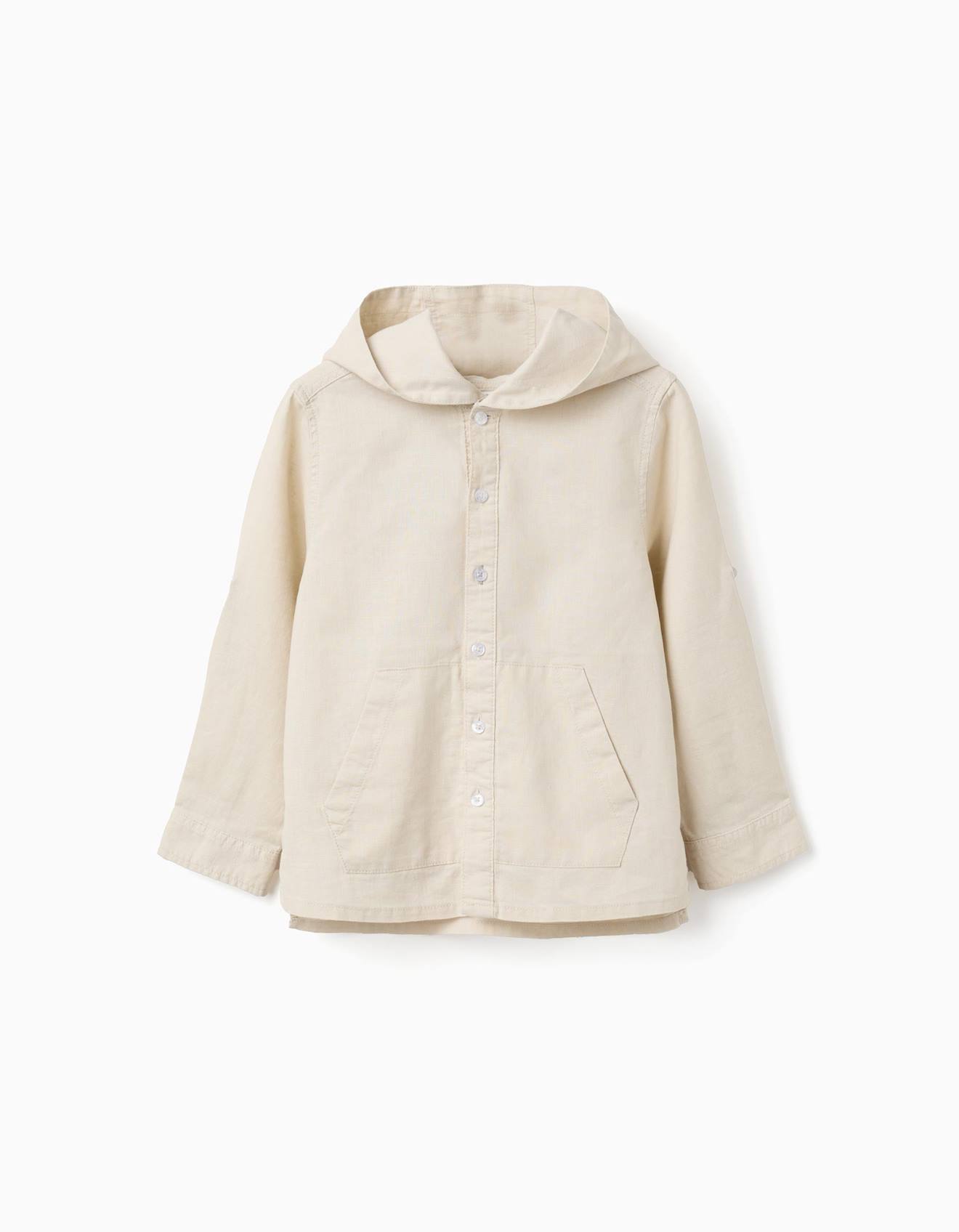 Chemise À Manches Longues En Lin Et Coton Avec Capuche Beige Clair