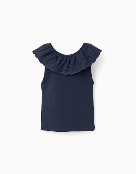 Fille-T-shirt, sous-pull-T-shirt-Top sans manches en coton avec col brodé