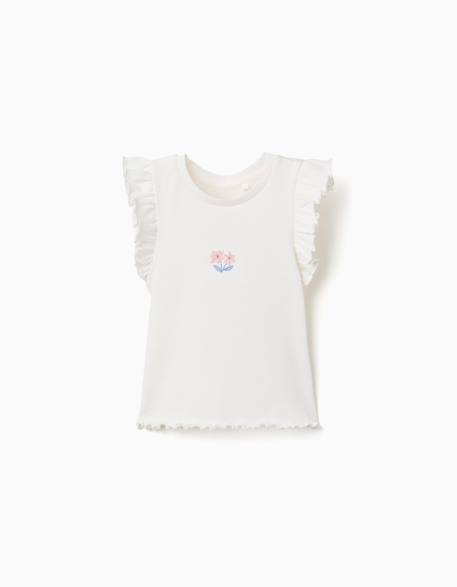 Fille-T-shirt, sous-pull-T-shirt-T-shirt en coton côtelé avec volants et fleurs