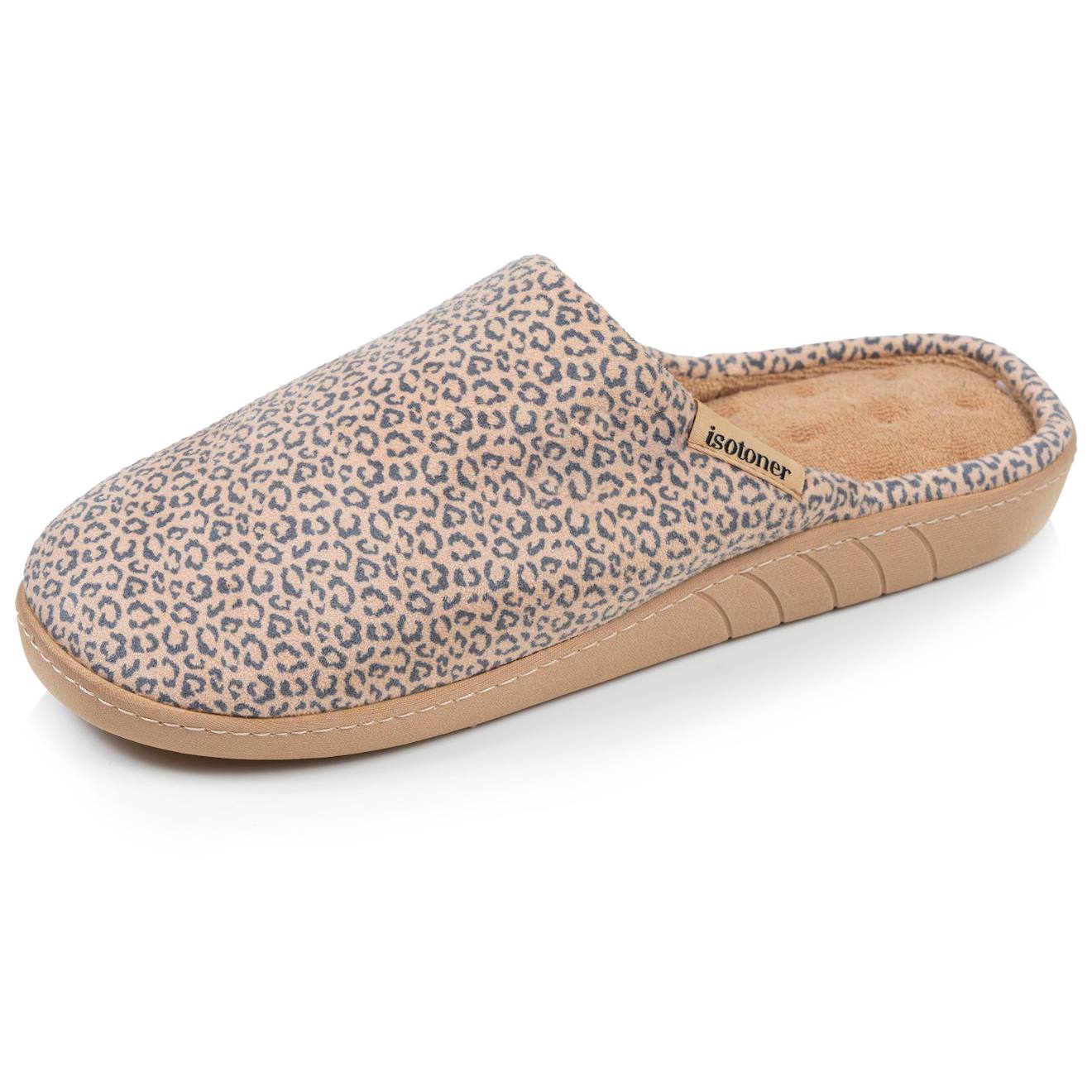 Chaussons Mules Velours Semelle Ergonomique, Mousse À Mémoire Forme Léopard Beige