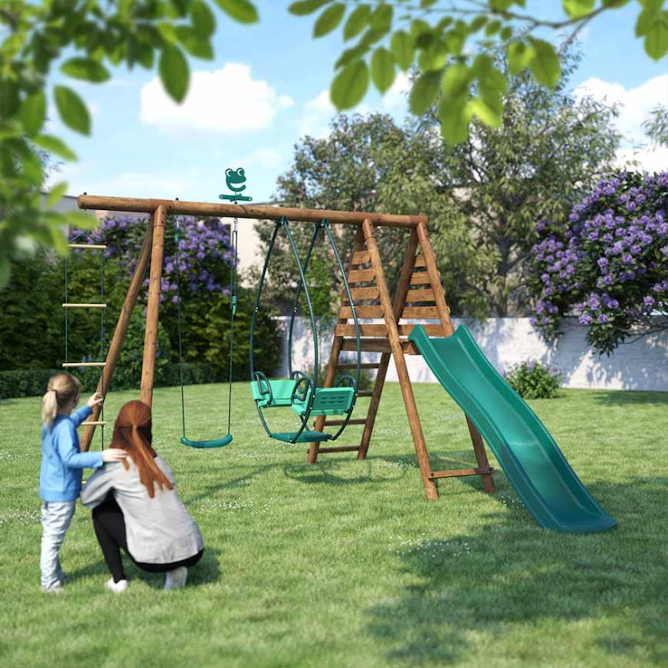 Portique En Bois Rond 3 Agrès Avec Face À Face, Échelle Et Toboggan Lavande Marron (soulet) - Image 1