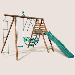 Jouet-Portique en bois rond 3 agrès avec face à face, échelle et toboggan lavande