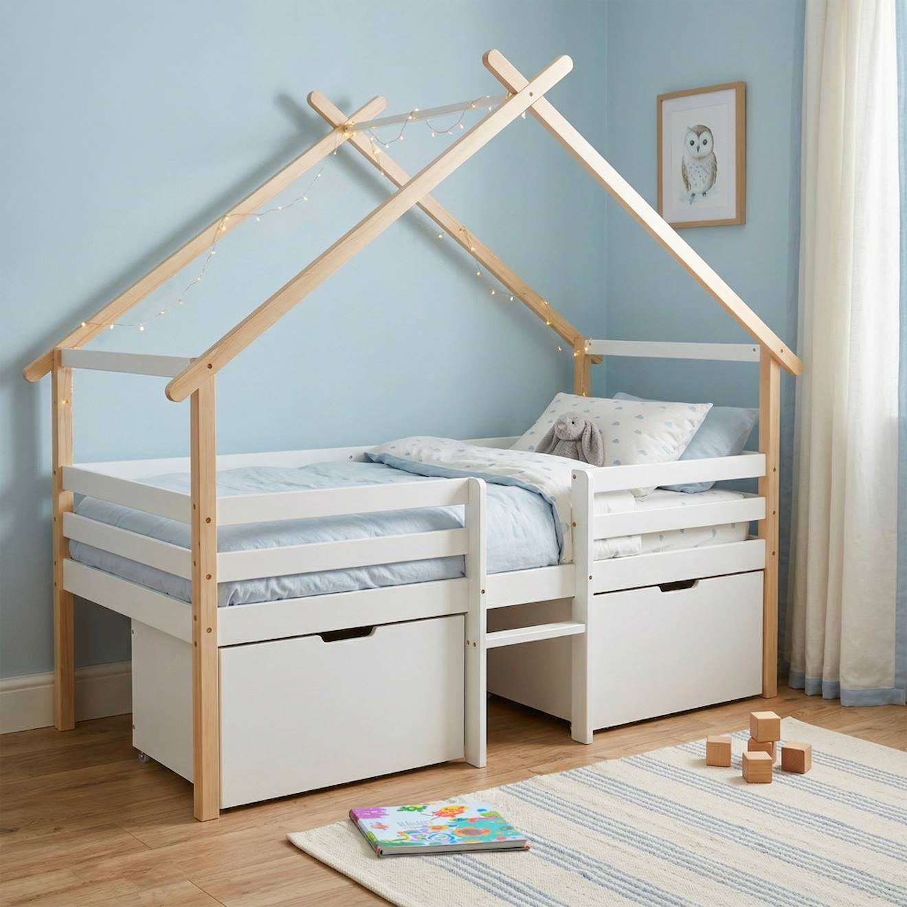 Lit Cabane Enfant 90 X 190 Cm Bois De Pin Blanc Sommier À Lattes Inclus Et 2 Tiroirs - Sienna Blanc