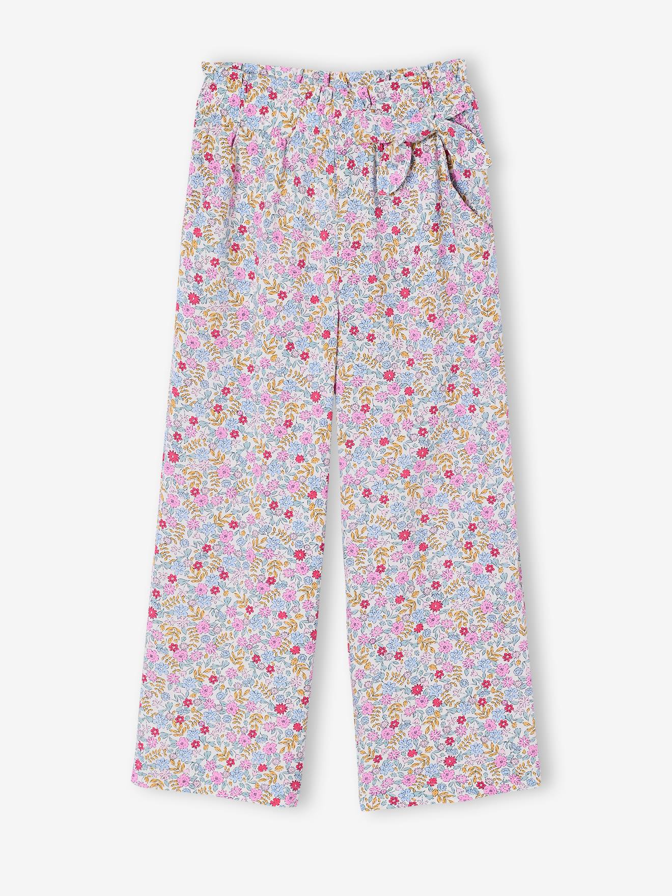 Pantalon fille large motifs fleurs vanille