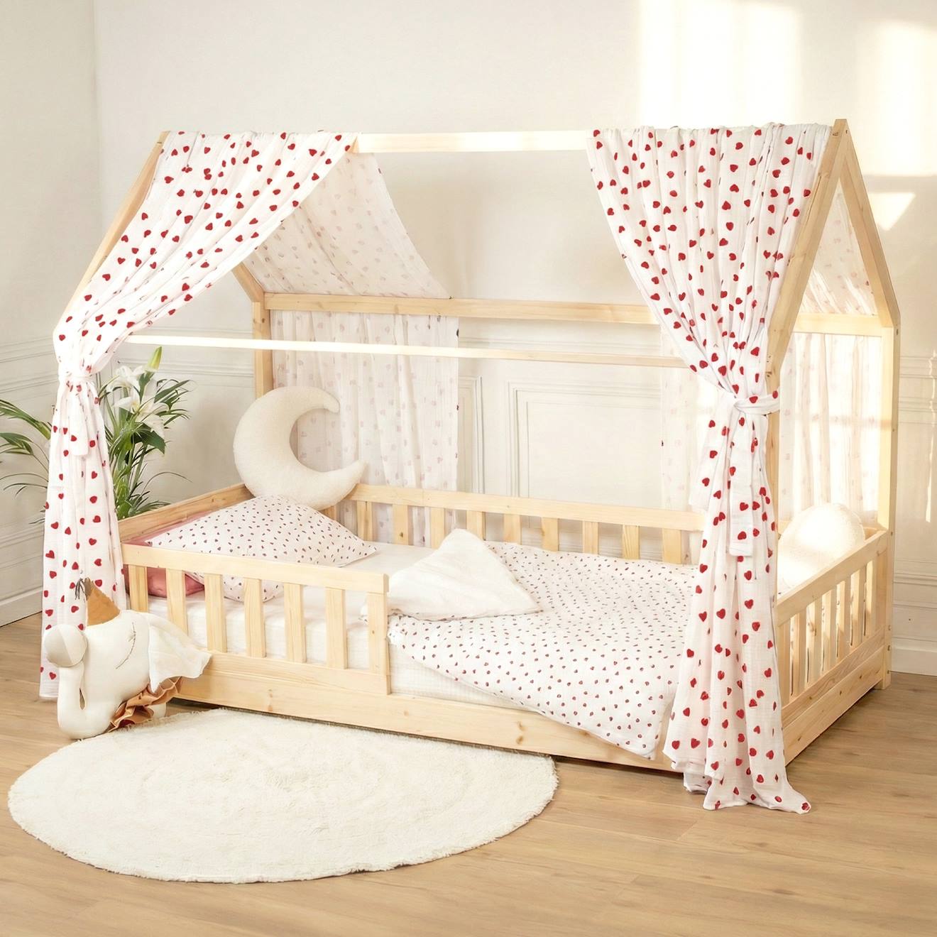 Ciel De Lit Cabane En Gaze De Coton Duo 330 Cm Coeurs Rouge