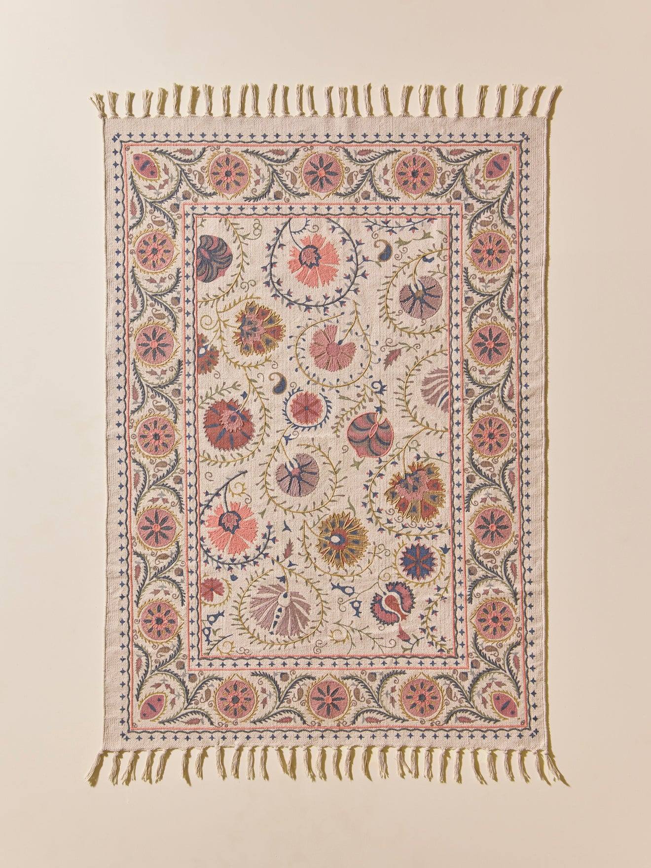 Tapis En Coton Brodé Flore Imprimé Fleurs