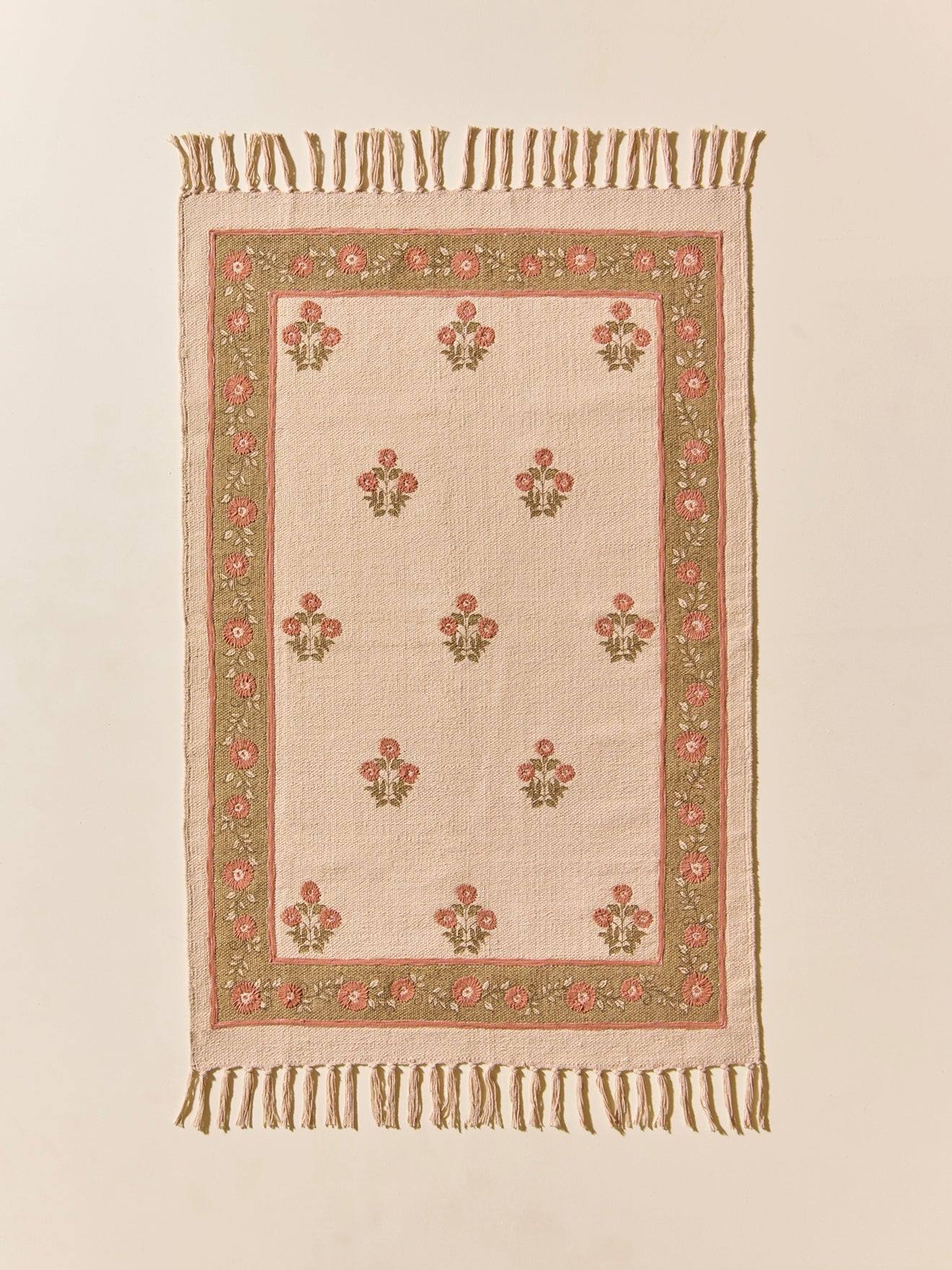 Tapis Agathe En Coton Brodé - Petit Modèle Imprimé Fleurs