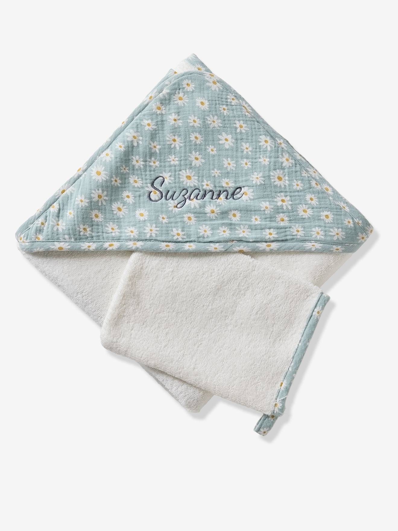 Cape de bain personnalisable et gant de toilette MARGUERITE bleu imprimé (Vertbaudet) - Image 2