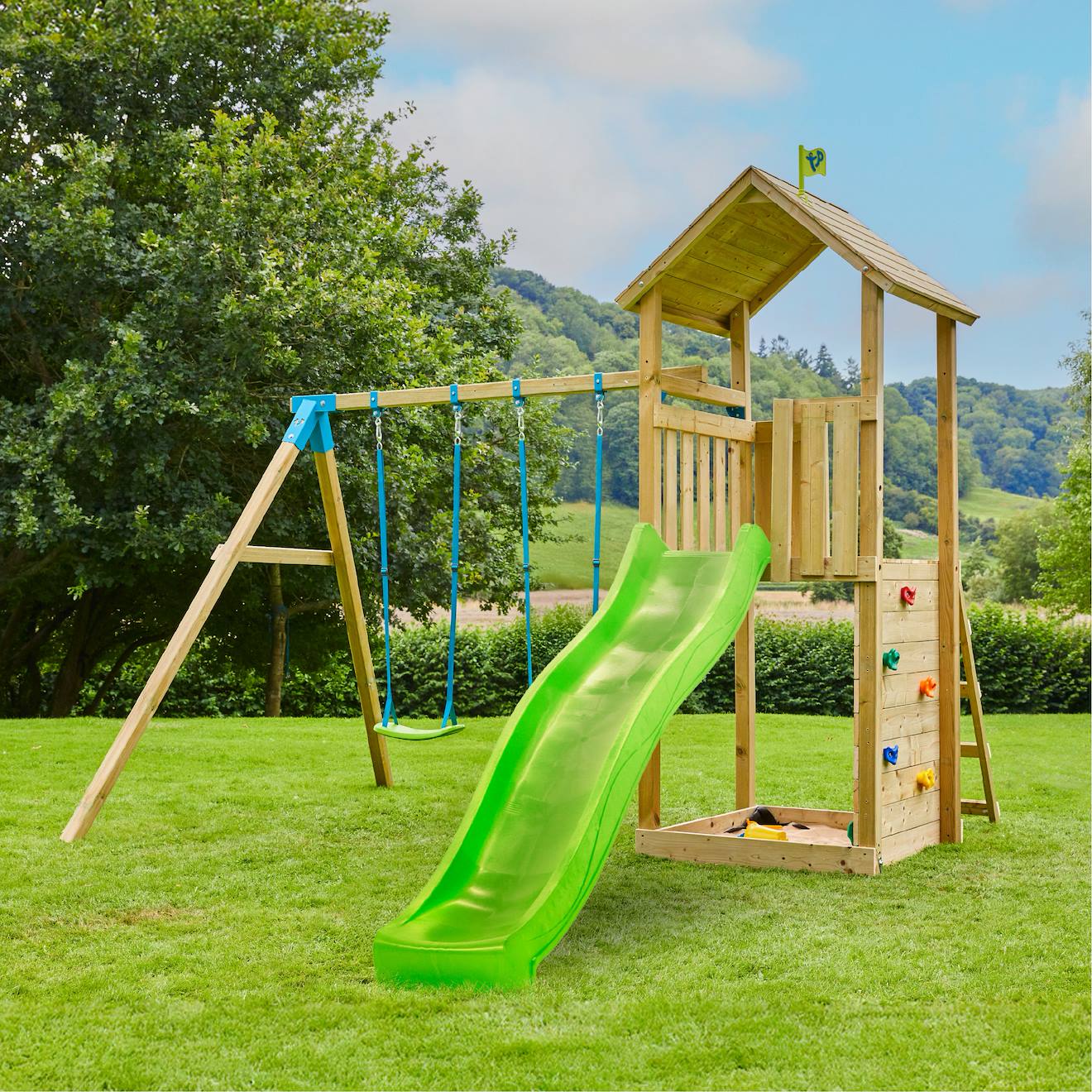 Aire De Jeux Plateforme Toboggan Olivète Bois Fsc® Marron - Bleu - Vert