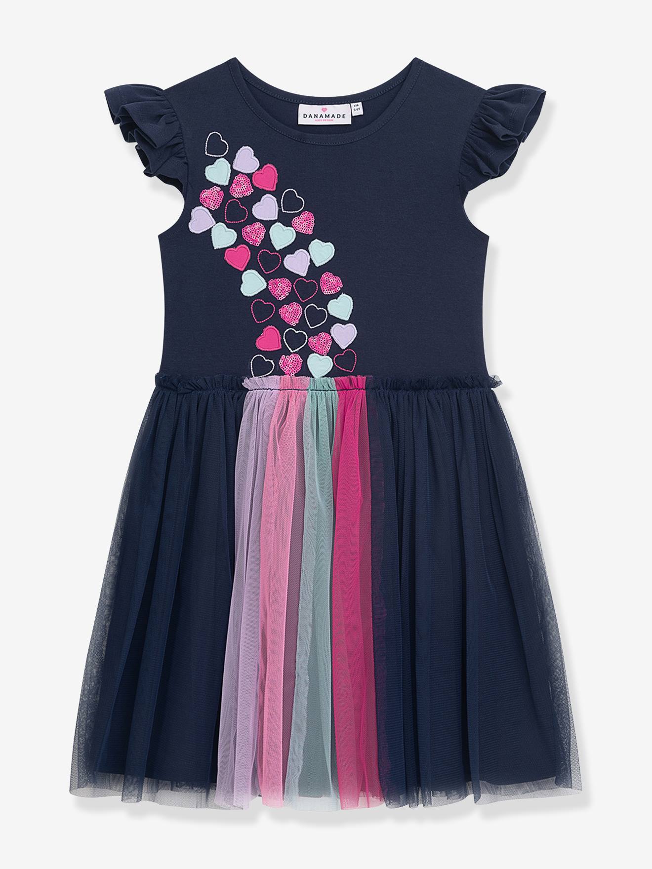 Robe manches volantes et jupe en tulle fille application cur DANAMADE marine 50$