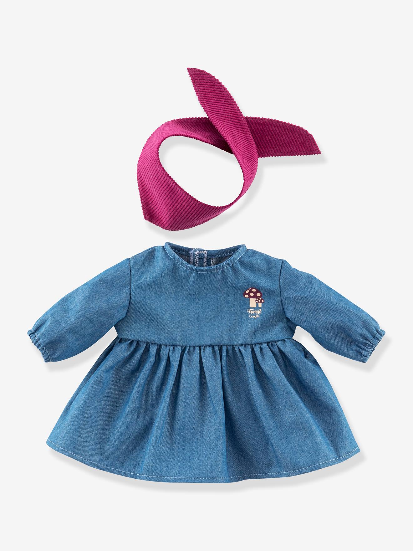 Robe en jean et foulard pour poupon bleu