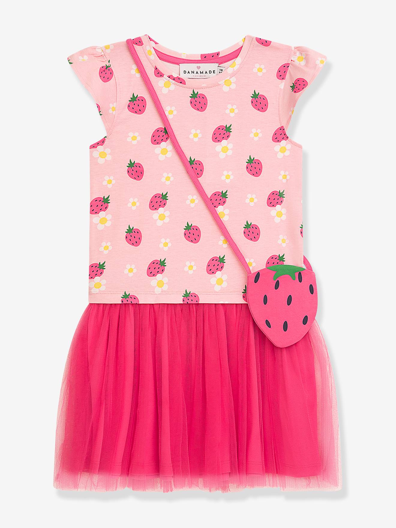 Robe avec sac bandoulière fraise, jupe en tulle rose fille DANAMADE rose