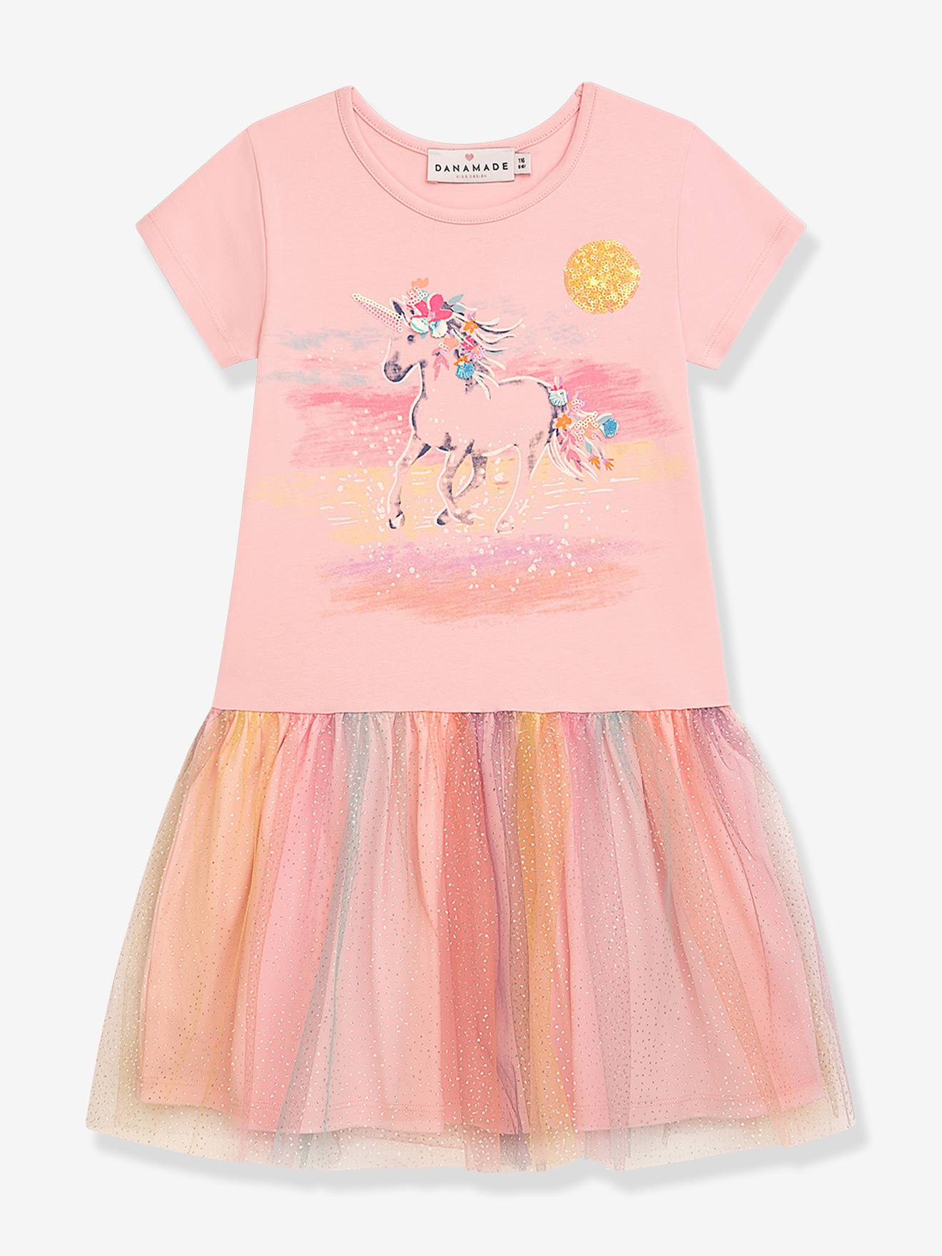 Robe fille DANAMADE avec sequins licorne et jupe en tulle rose poudr 35$