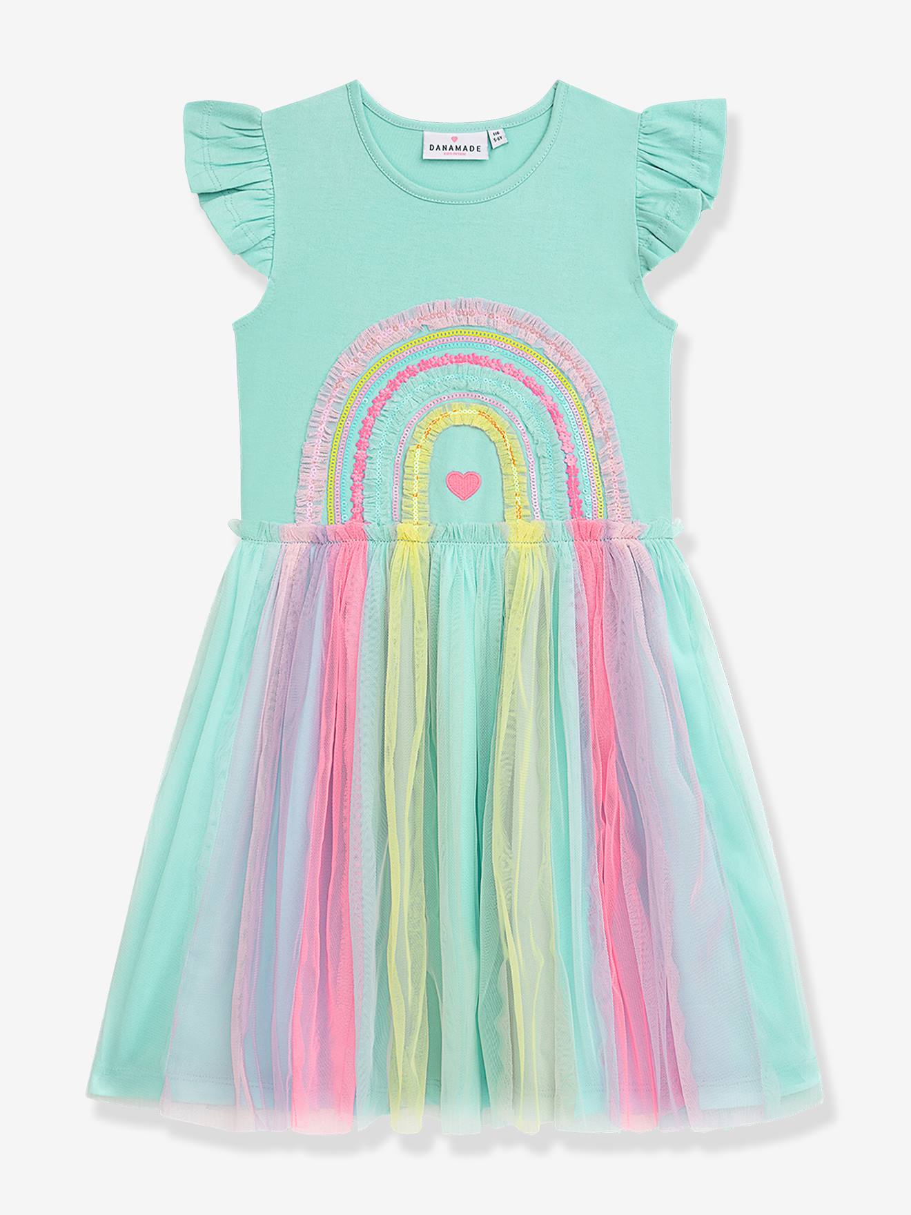 Robe avec jupe en tulle arc-en-ciel et manches volantes fille DANAMADE turquoise 50$