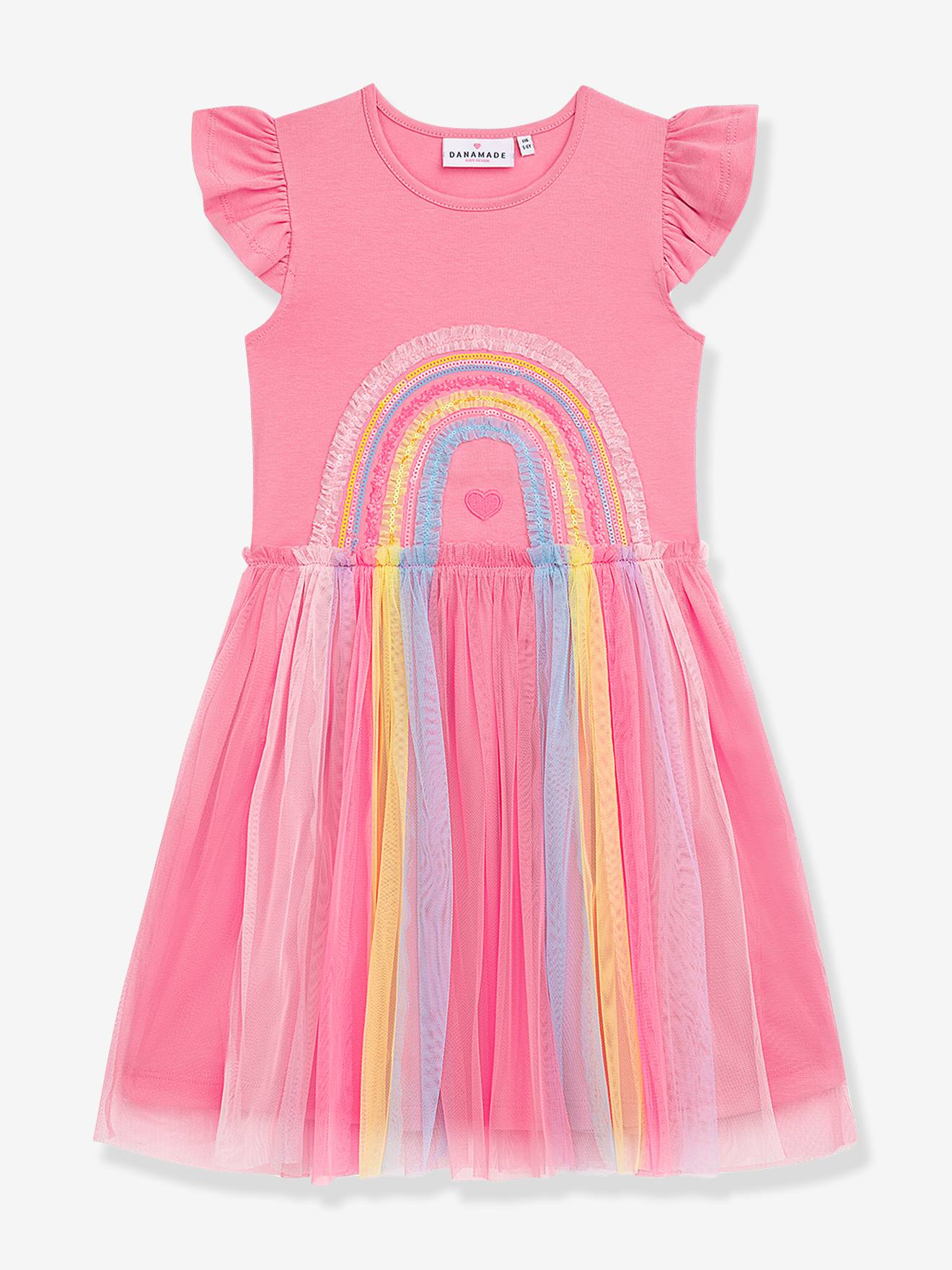 Robe avec jupe en tulle arc-en-ciel et manches volantes fille DANAMADE rose drage 50$